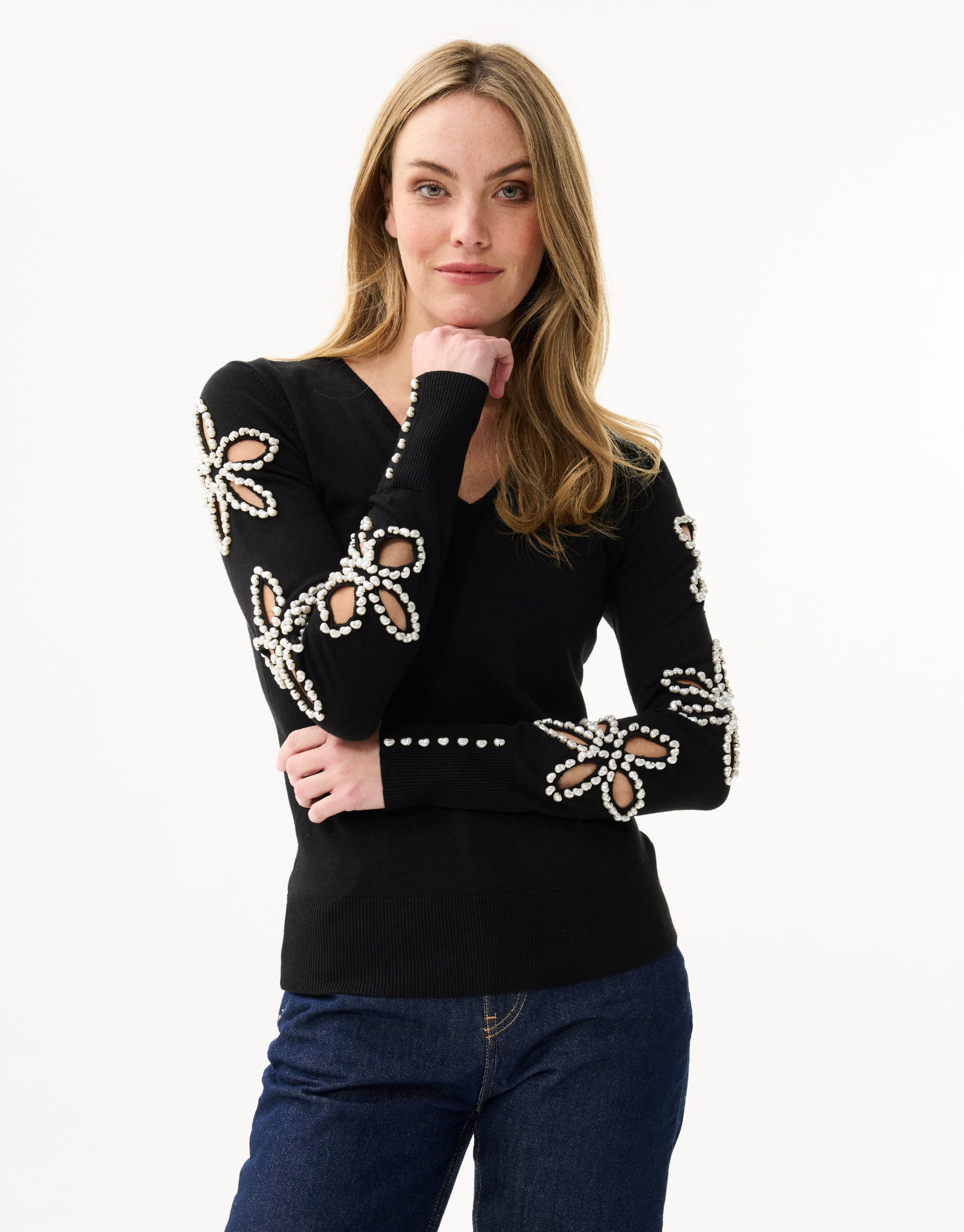 Beaded floral pattern knit sweater