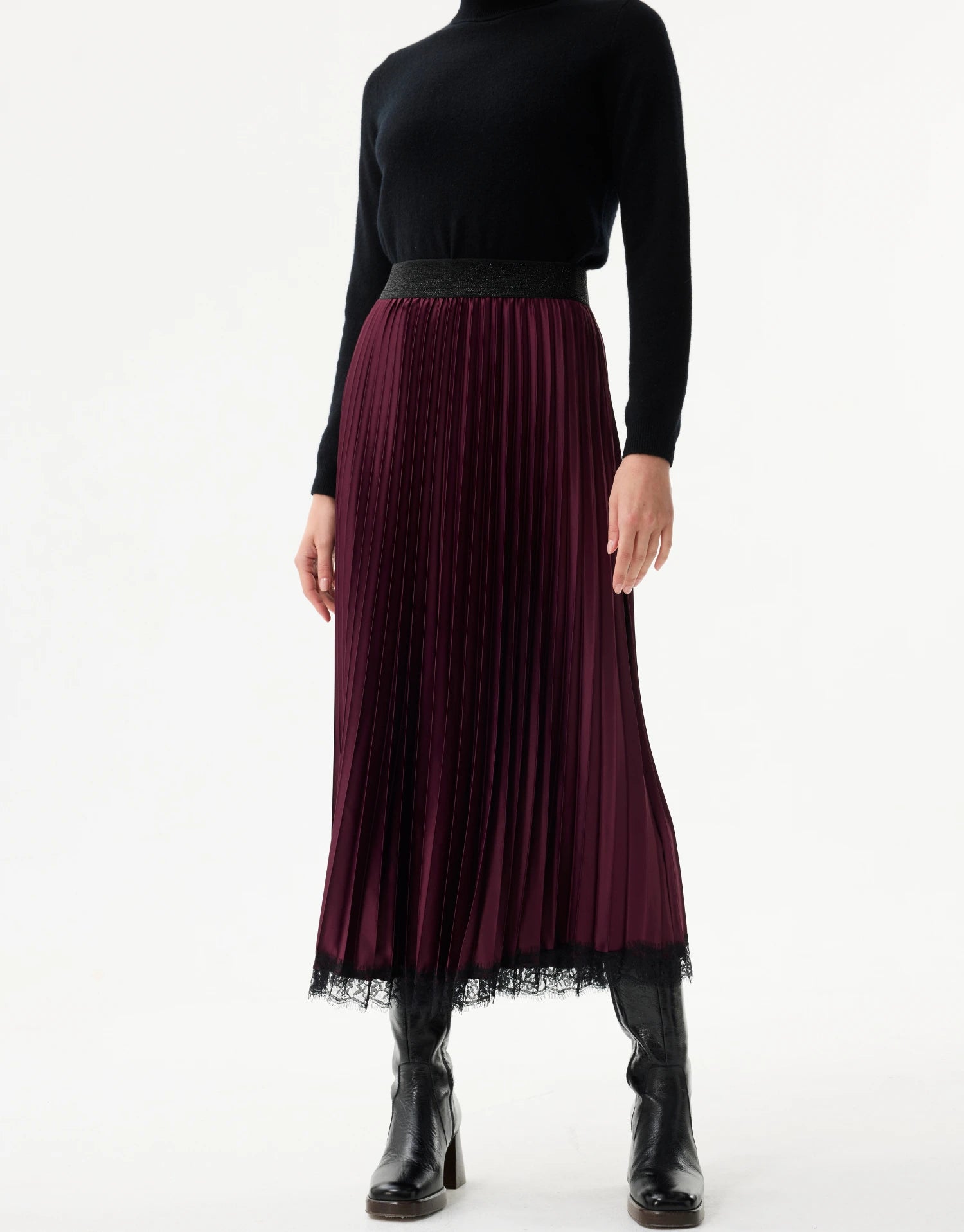 Jupe midi plissée bordeaux