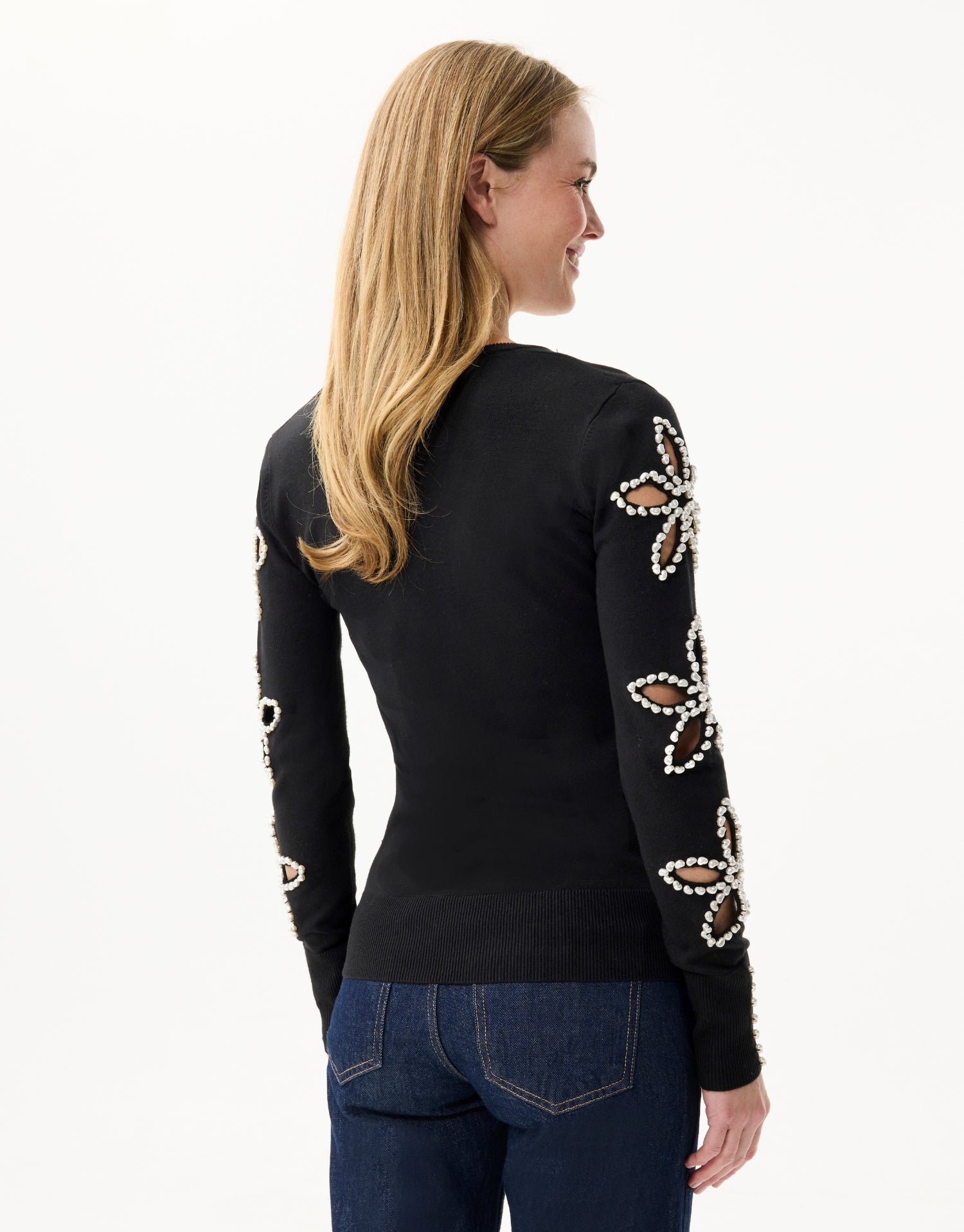 Beaded floral pattern knit sweater