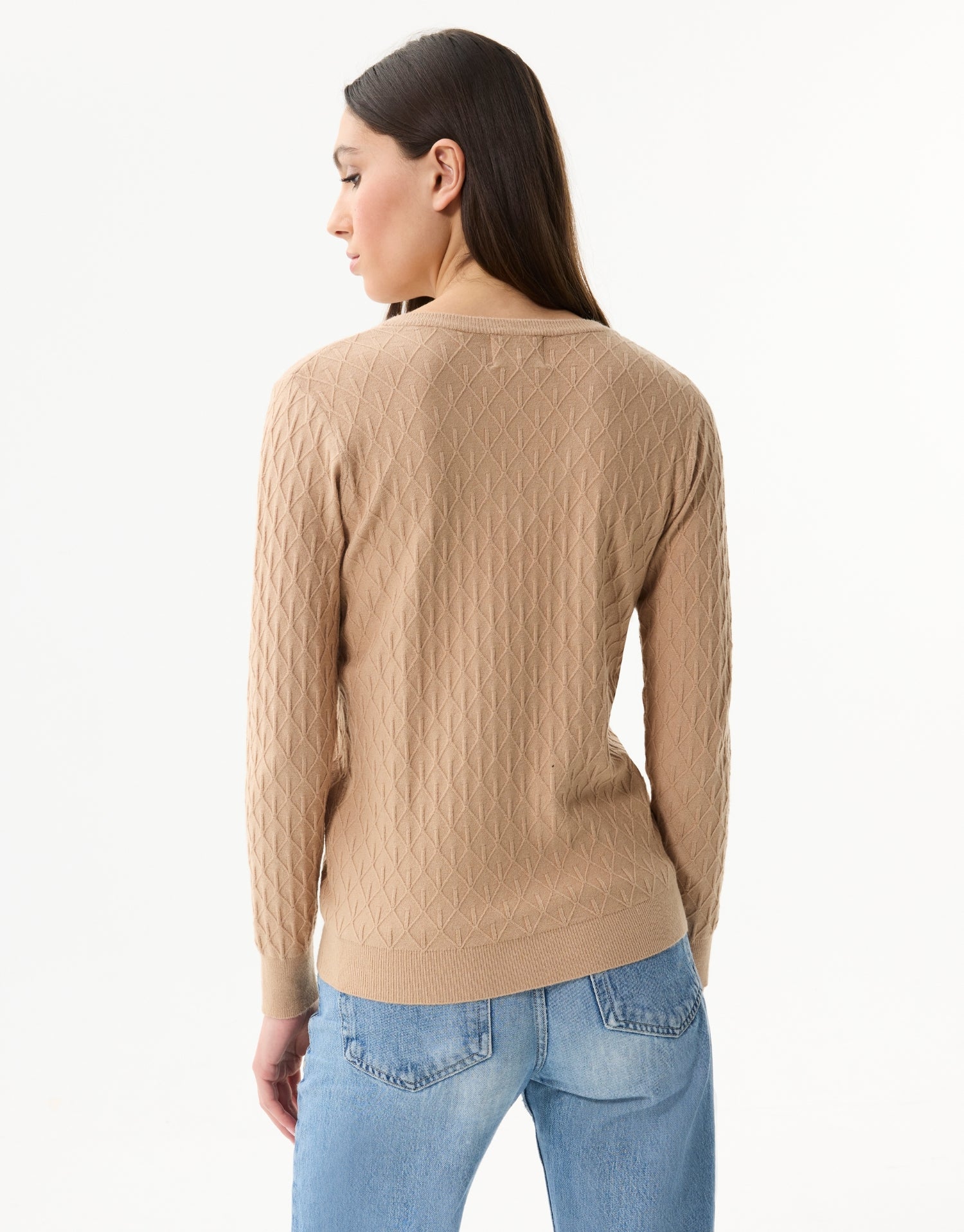 Women's openwork knit V-neck sweater with rhinestones