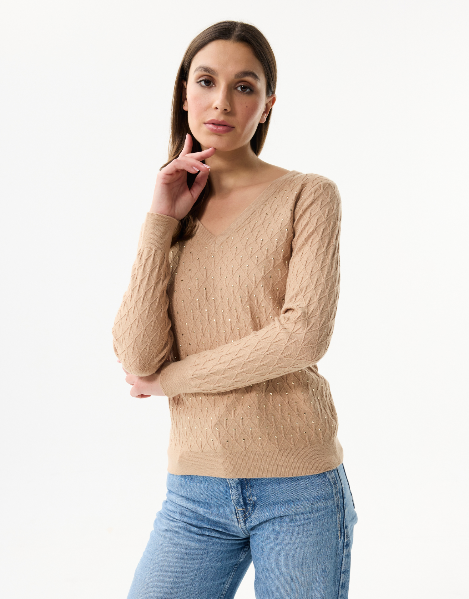 Women's openwork knit V-neck sweater with rhinestones