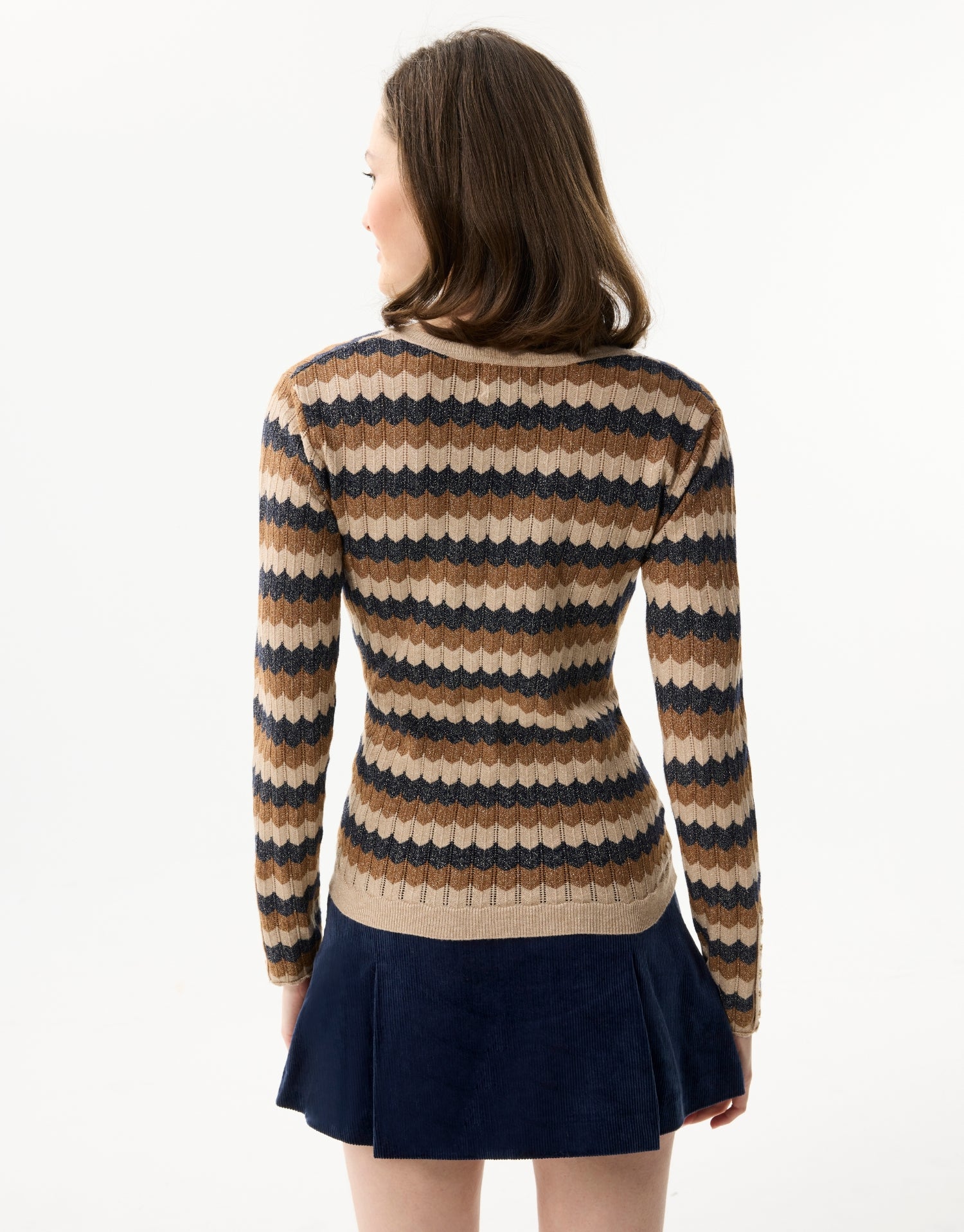 Women's striped shimmering V-neck sweater