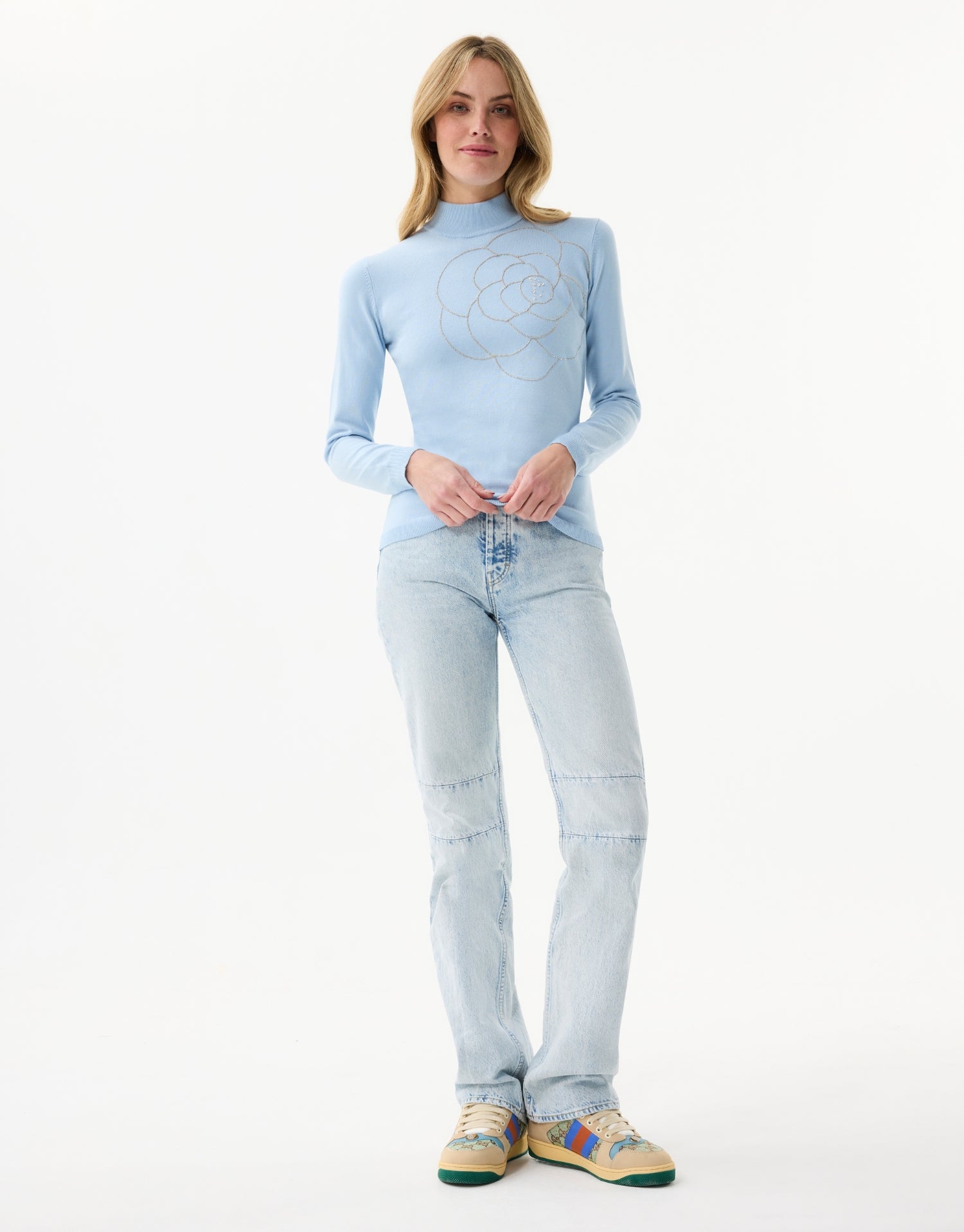 High-neck rhinestone sweater