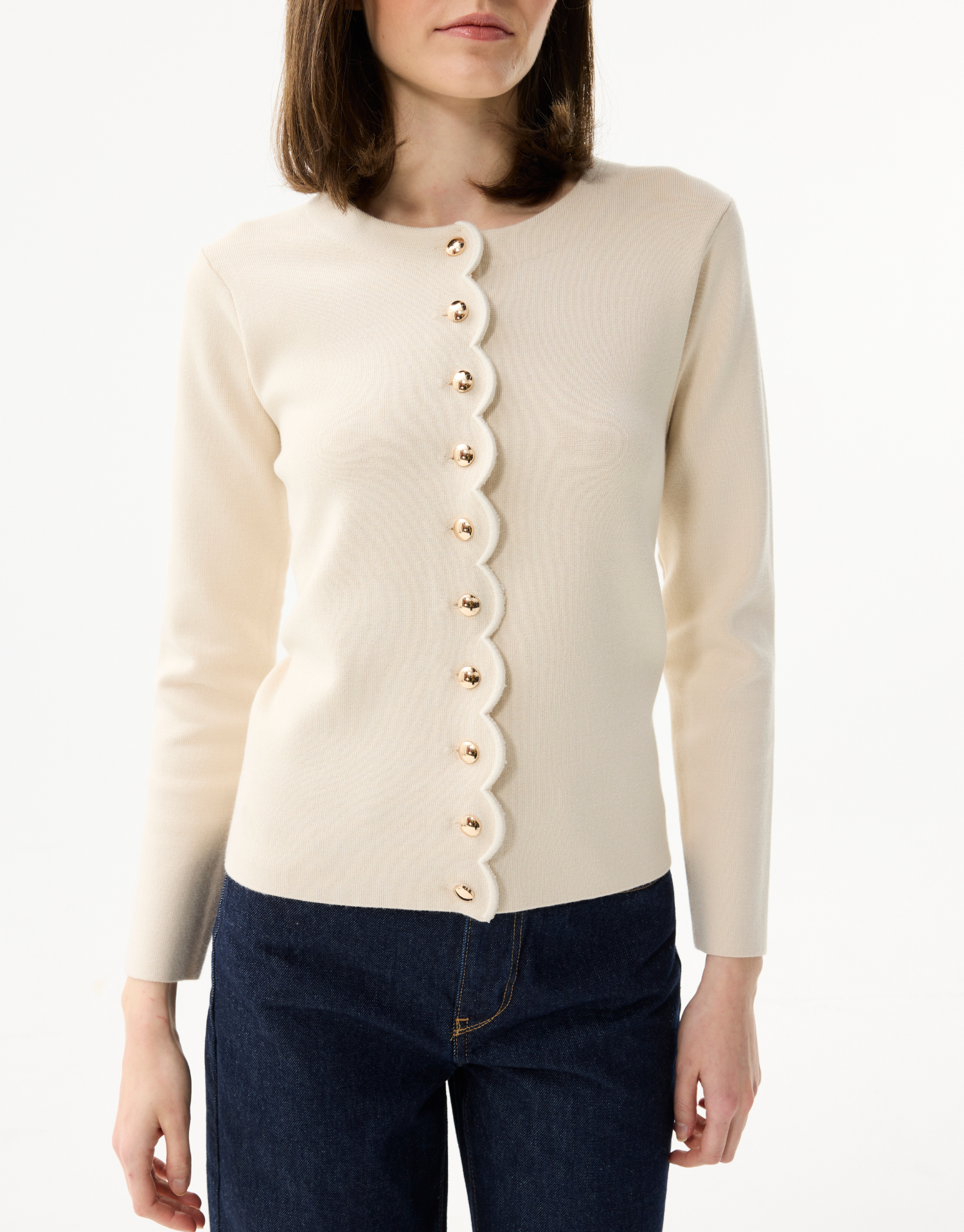 Damesvest met knopen en festonranddetails