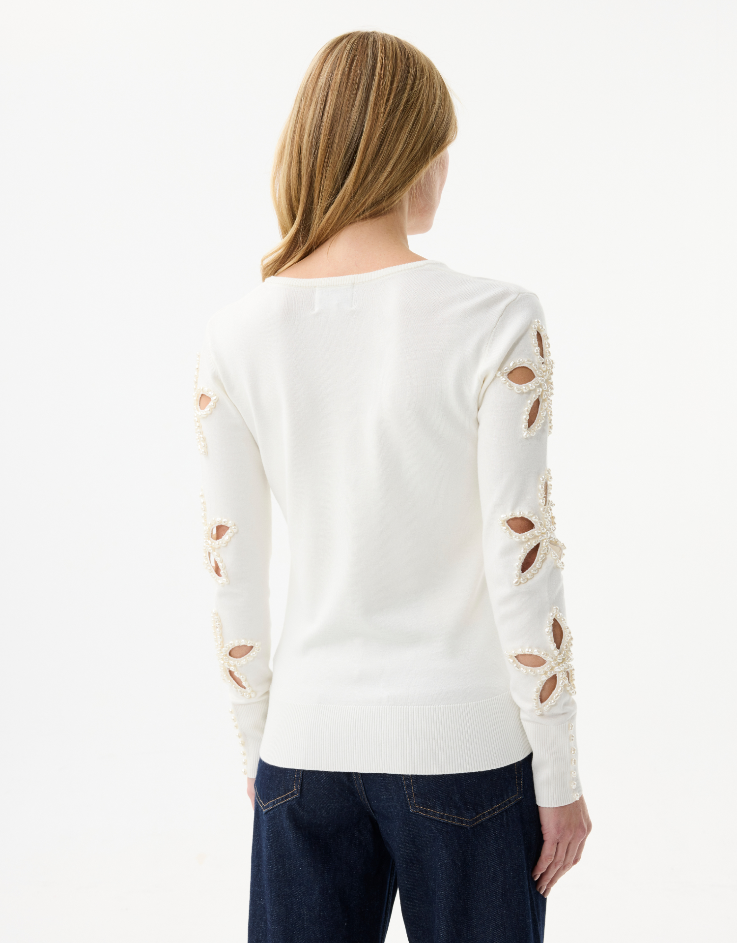 Beaded floral pattern knit sweater