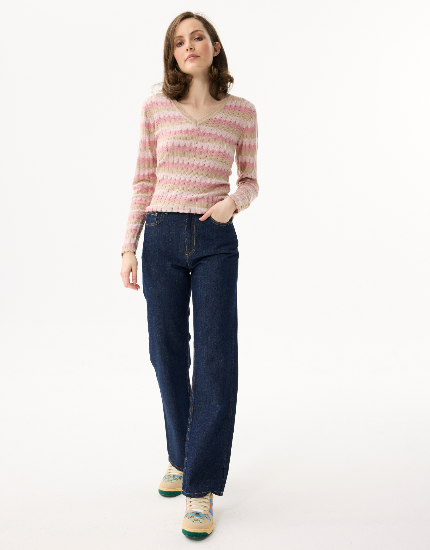 Pull femme à rayures scintillantes col V