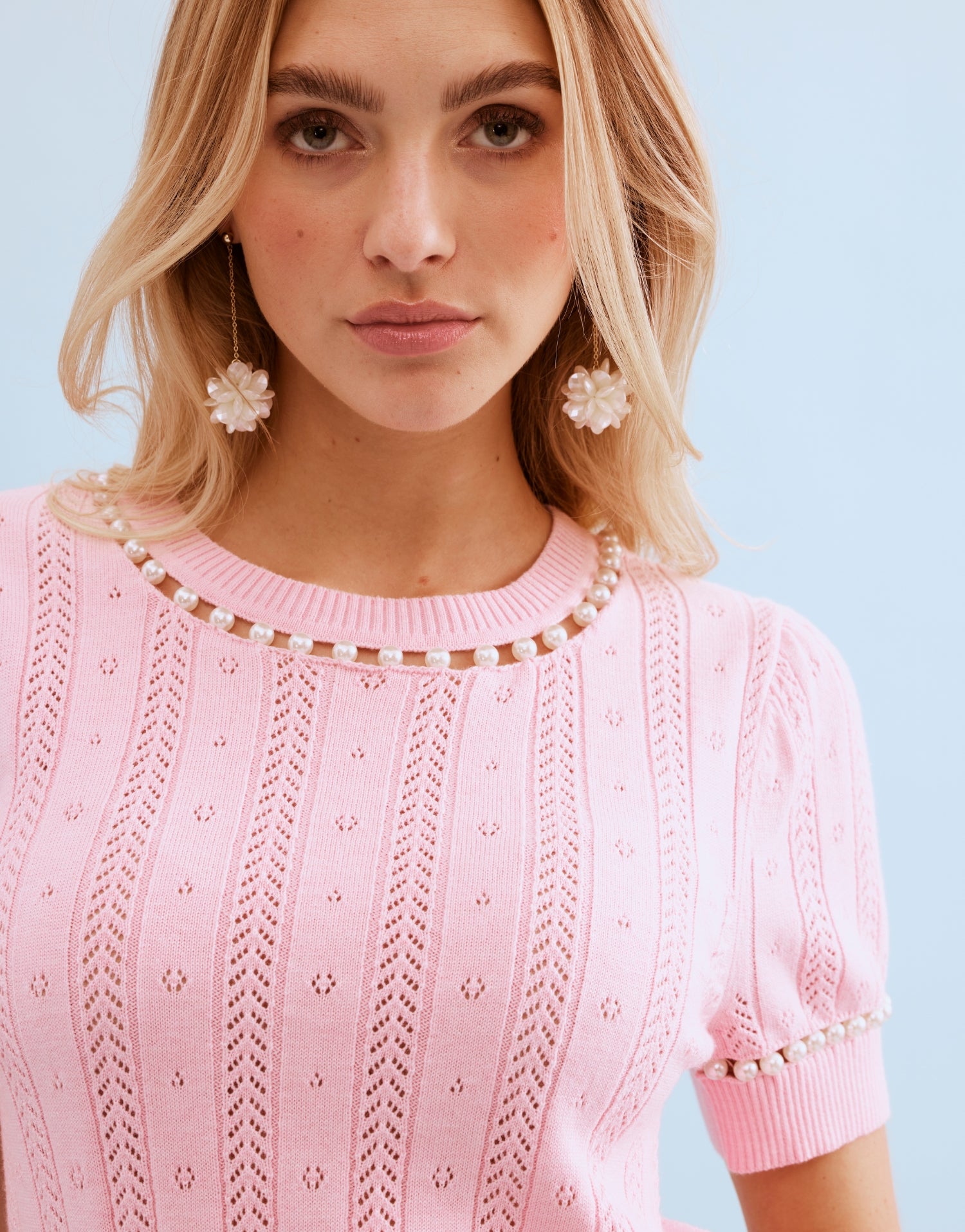 Pull maille perlé rose