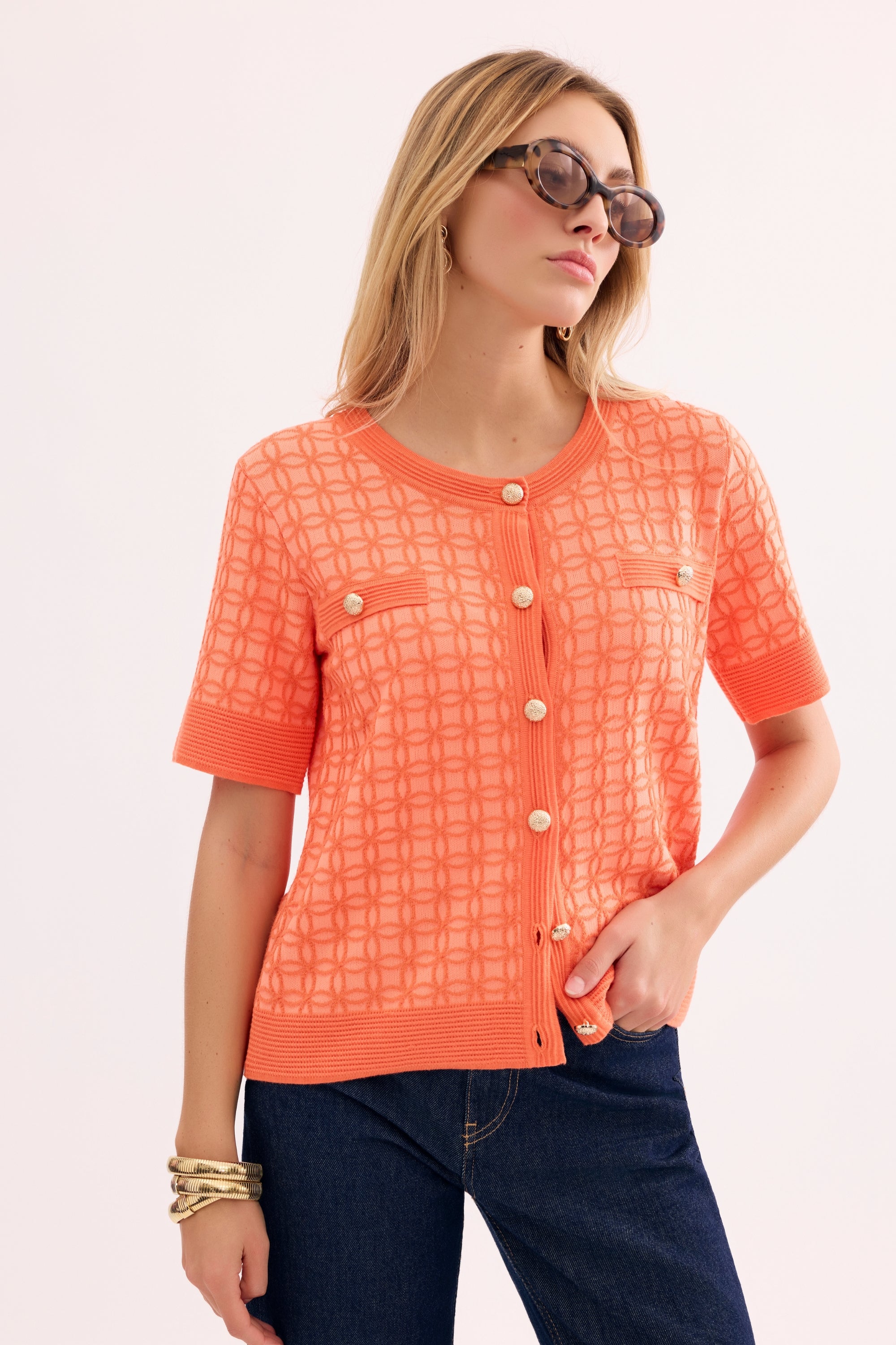 Top maille ajourée manches courtes orange