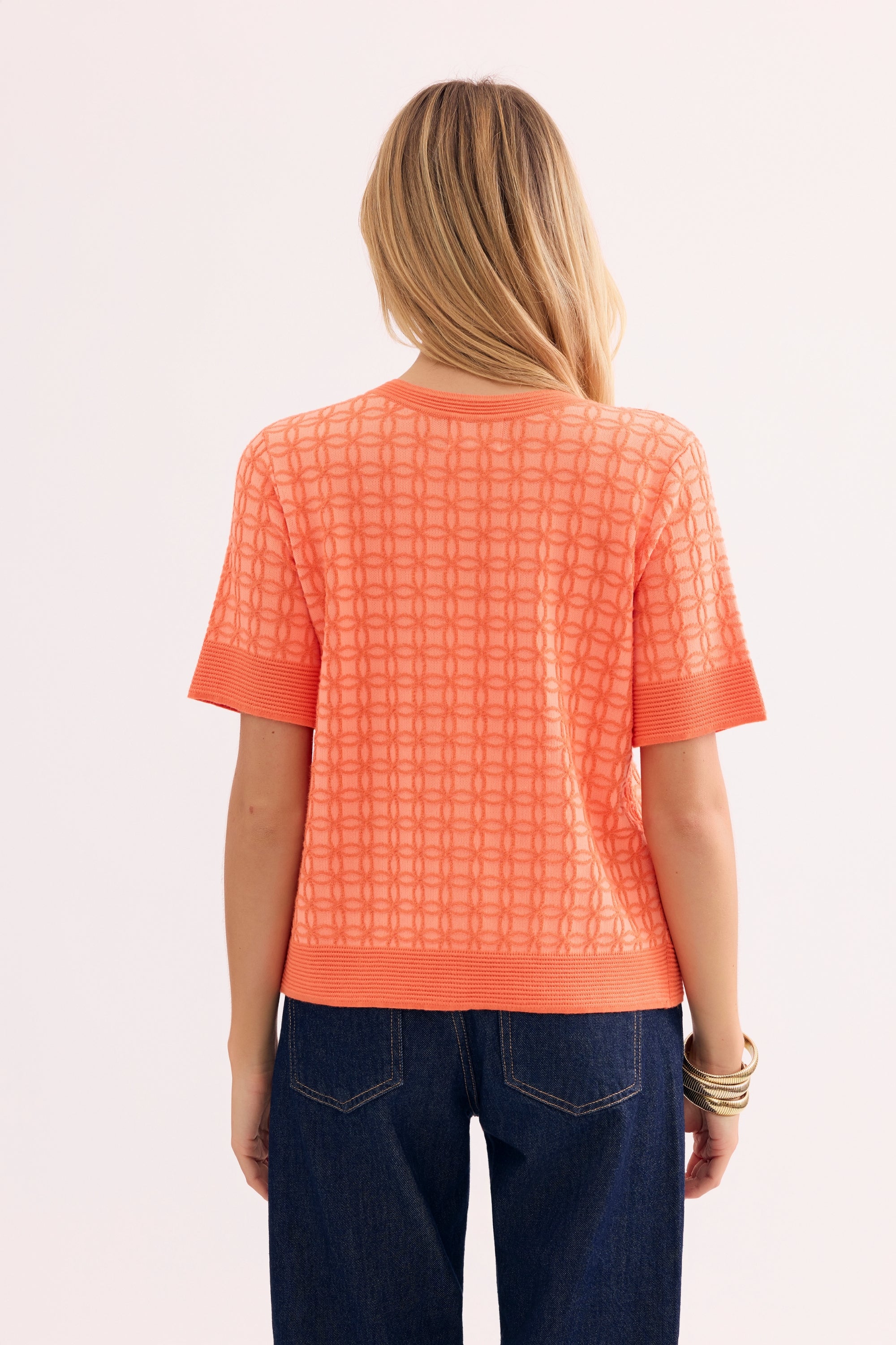 Top maille ajourée manches courtes orange
