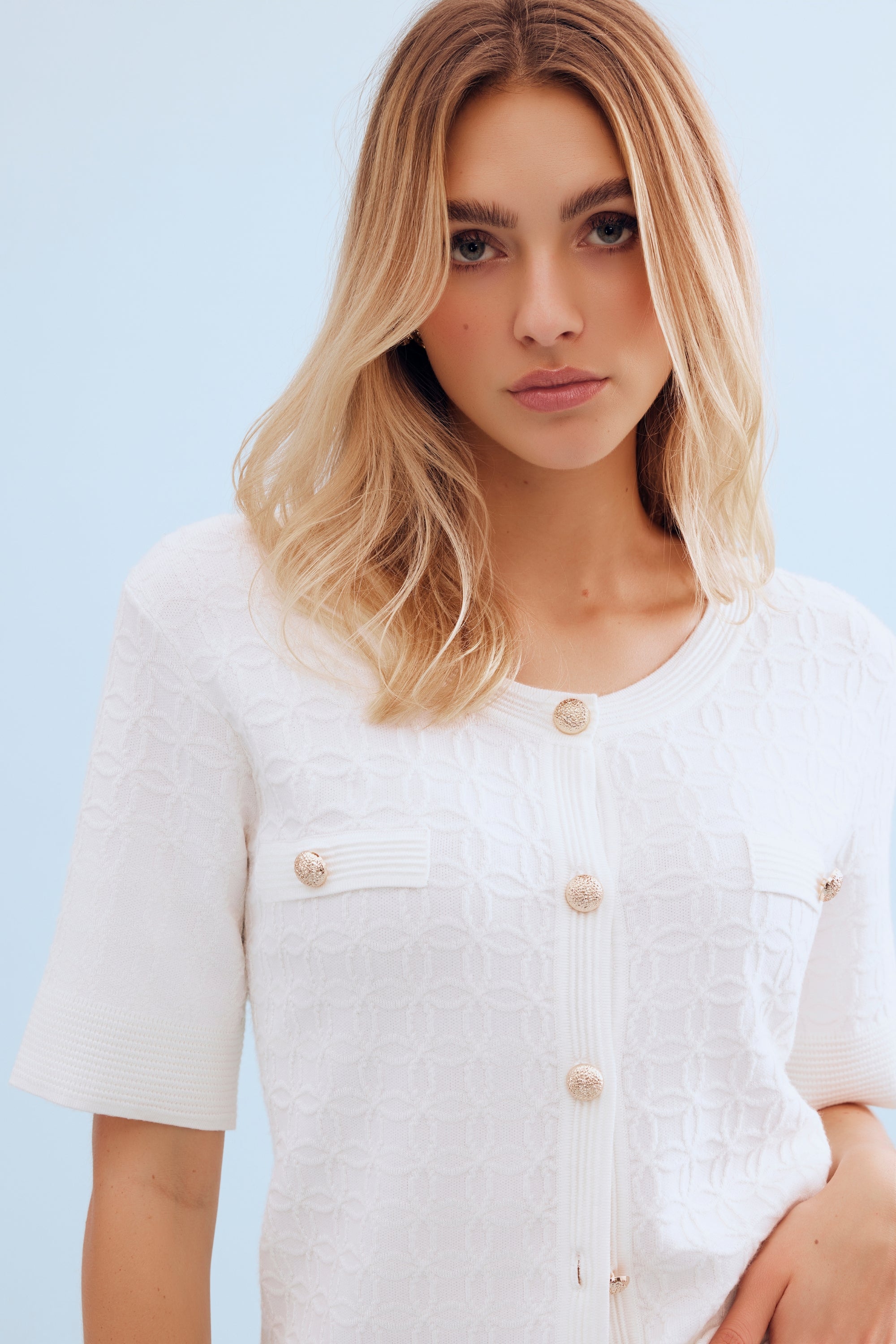 Top maille ajourée manches courtes orange blanc