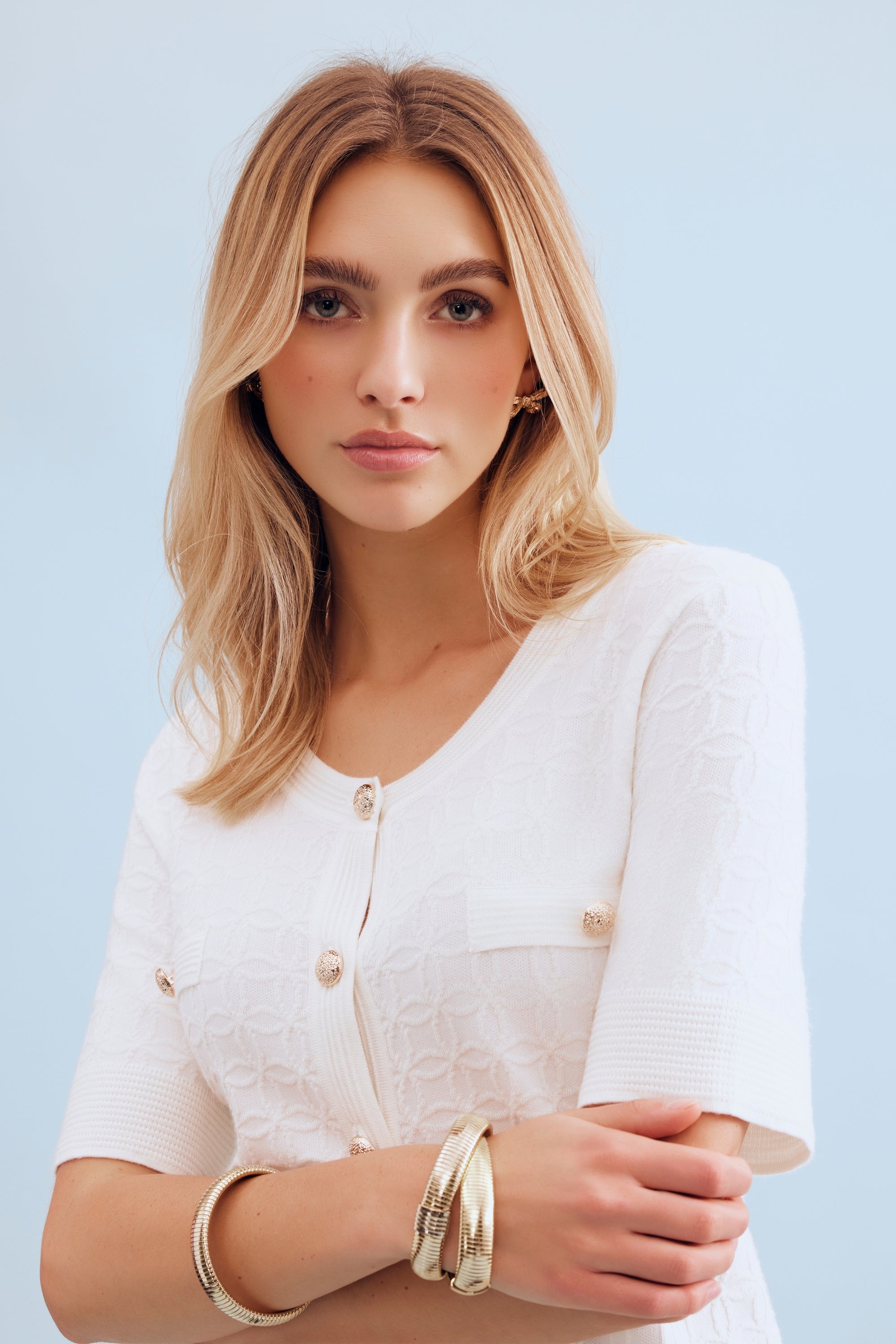 Top maille ajourée manches courtes orange blanc