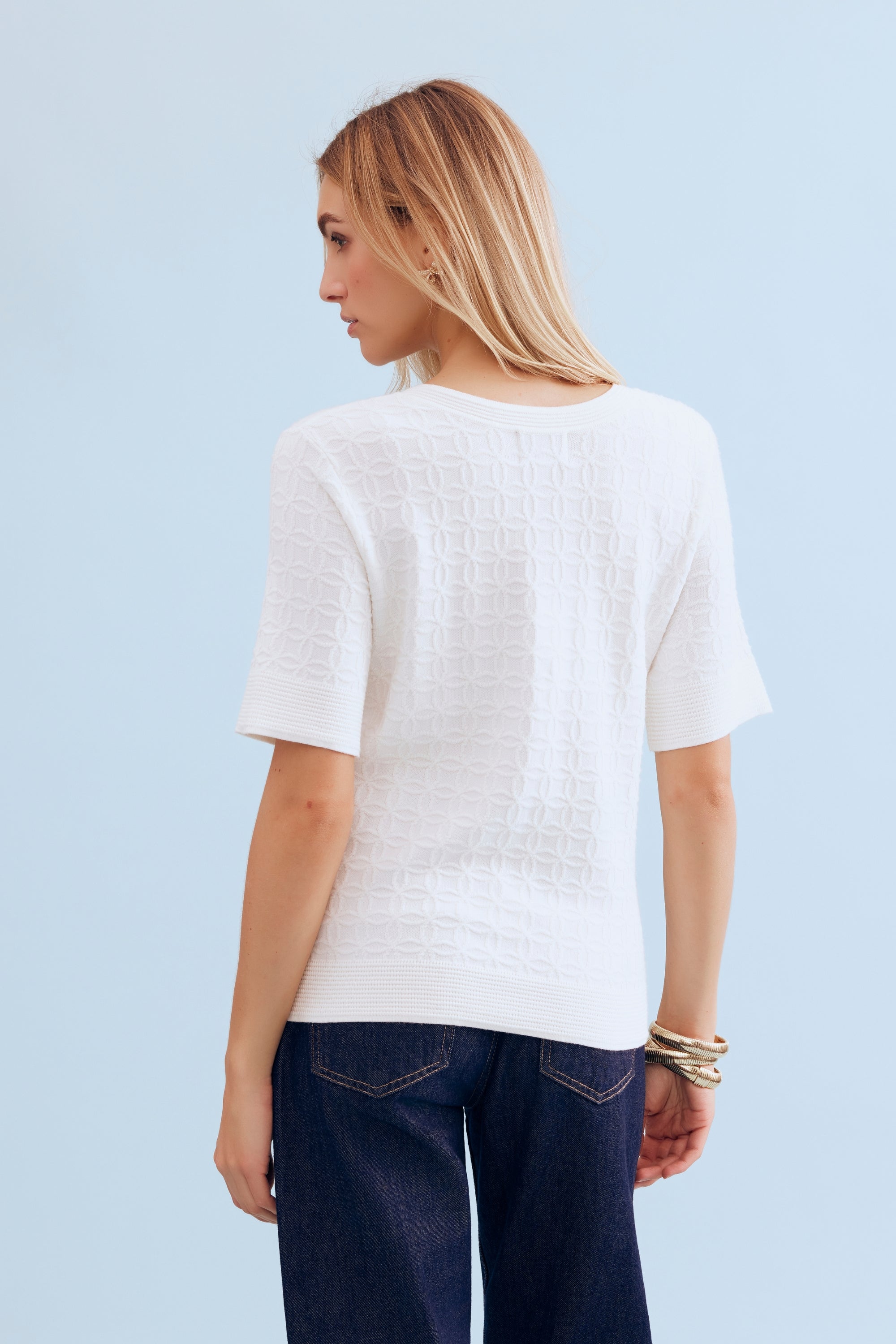 Top maille ajourée manches courtes orange blanc