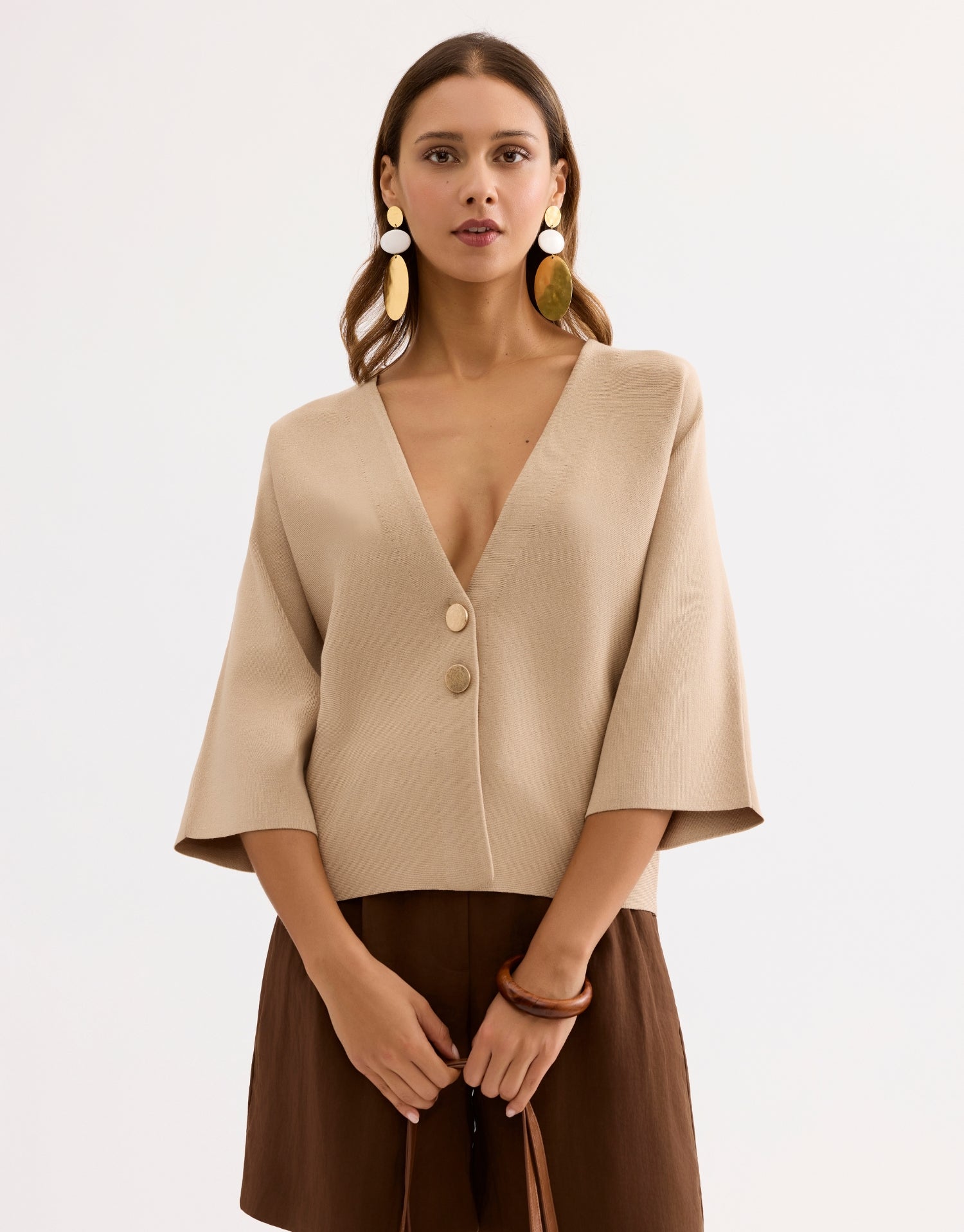 Top col V structuré à manches larges beige