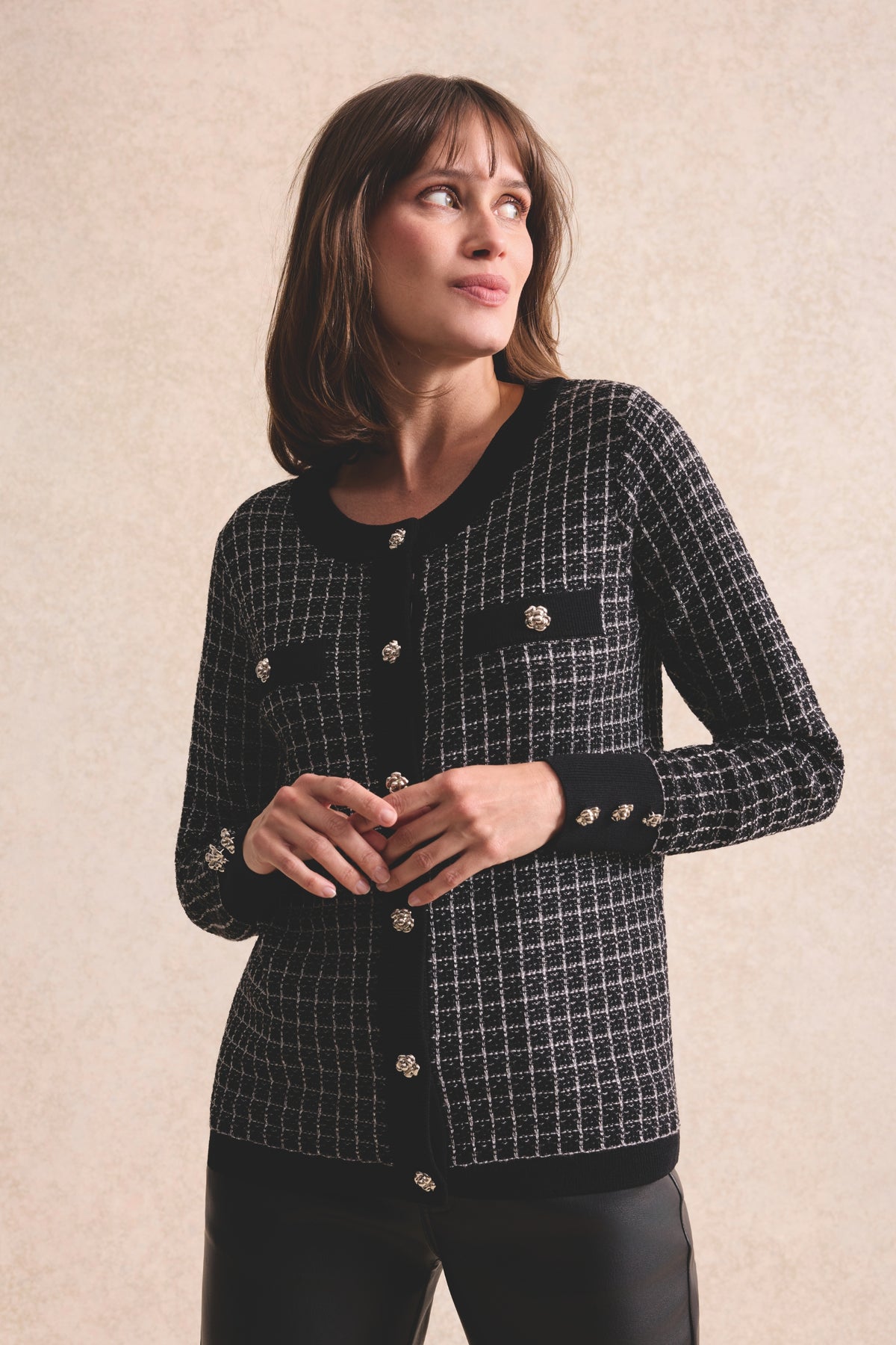 Cardigan femme en maille effet tweed noir