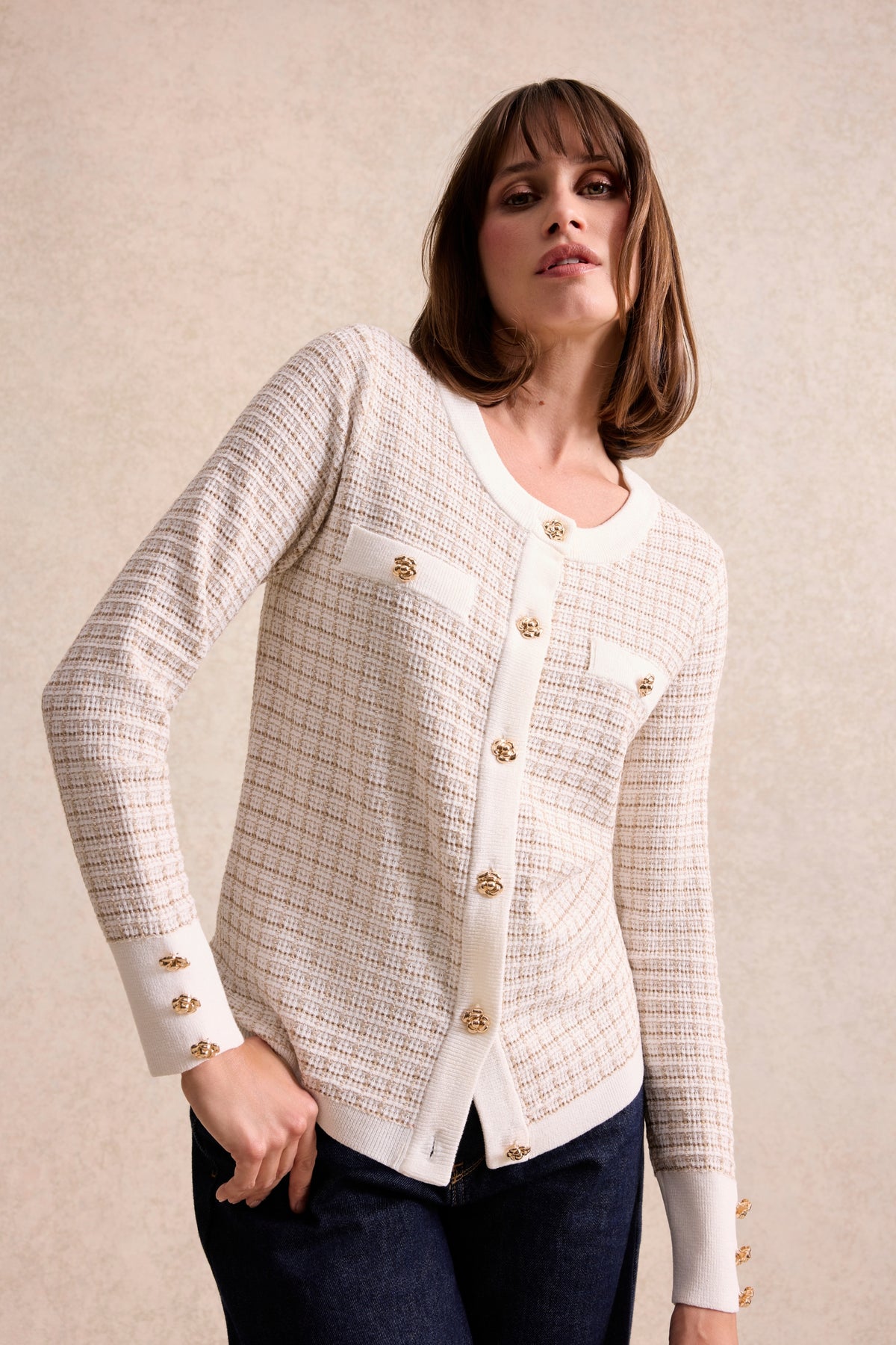 Cardigan femme en maille effet tweed écru