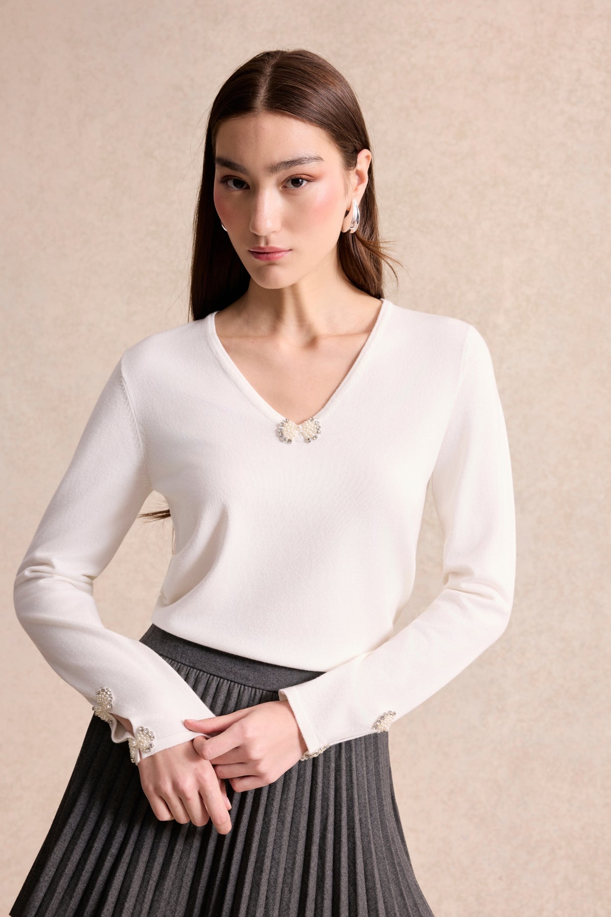 Pull fin à nœud perlé écru