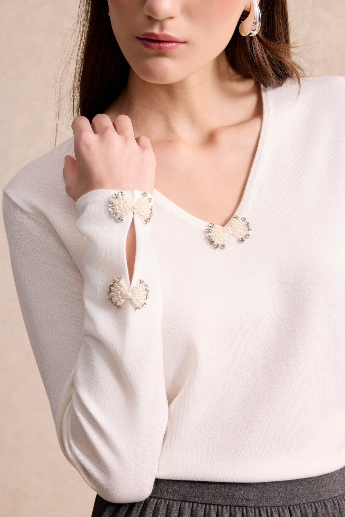 Pull fin à nœud perlé écru