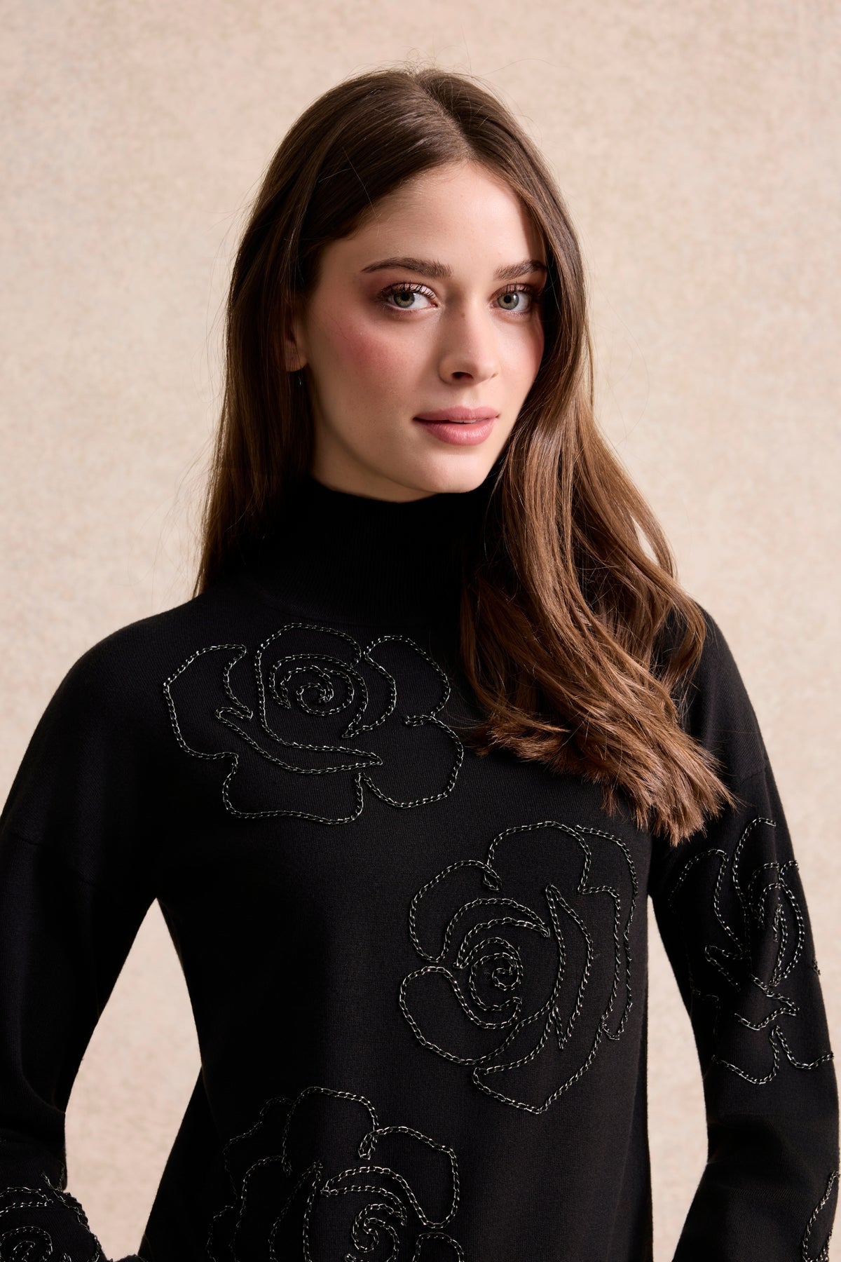 Pull col roulé à fleurs brodées