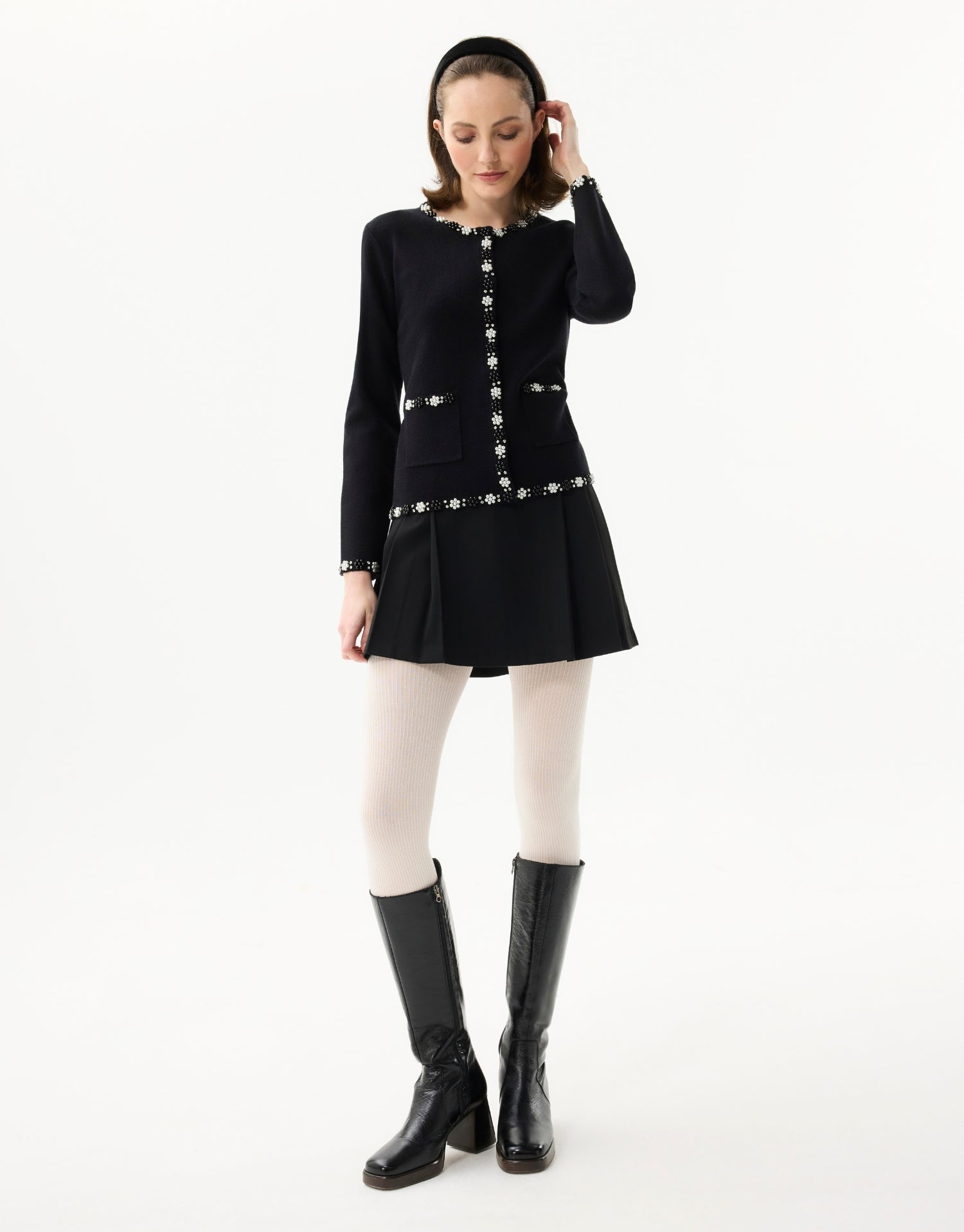 Pearl collar floral cardigan – black or ecru