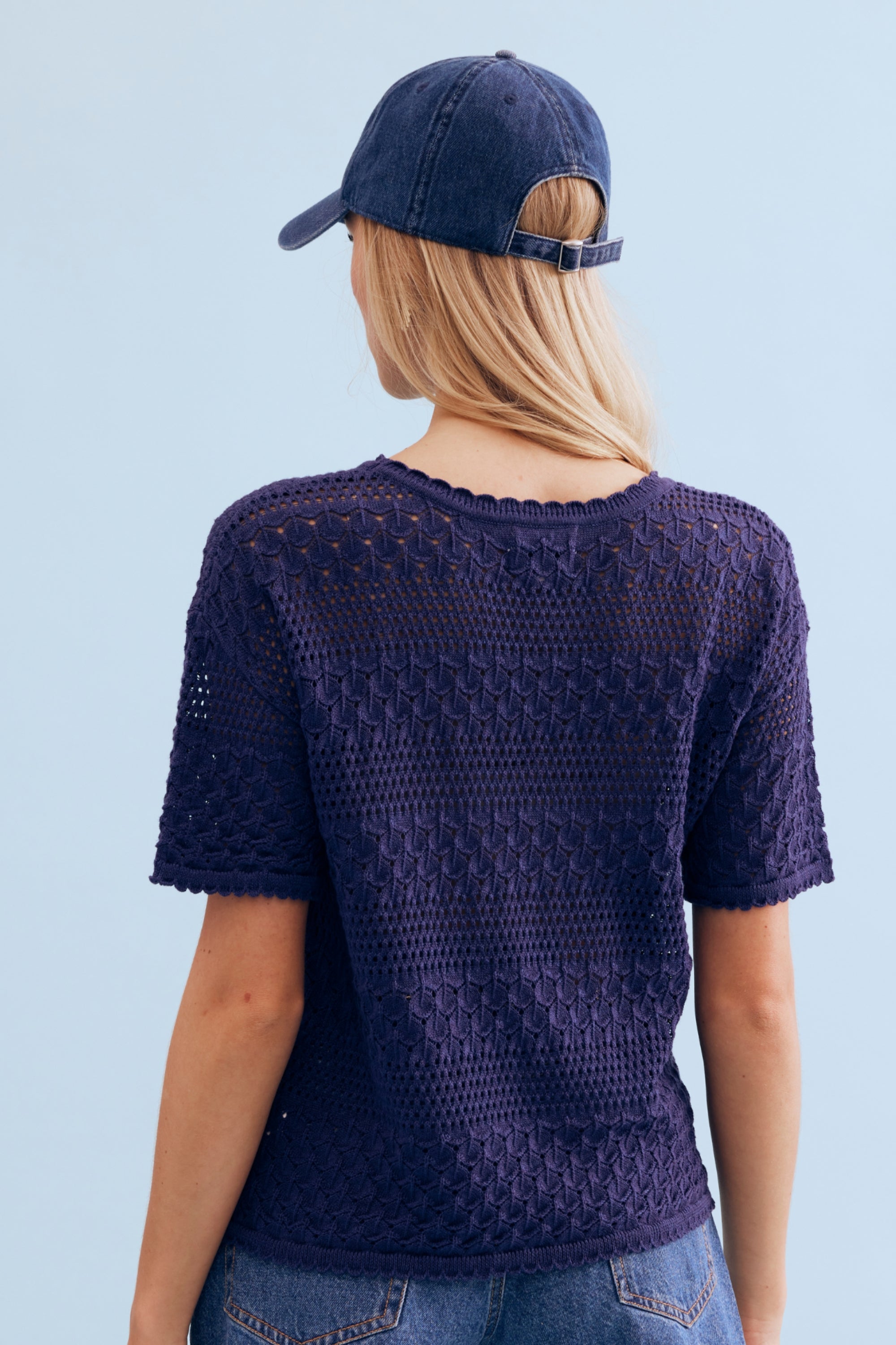 Pull maille ajourée bleu marine
