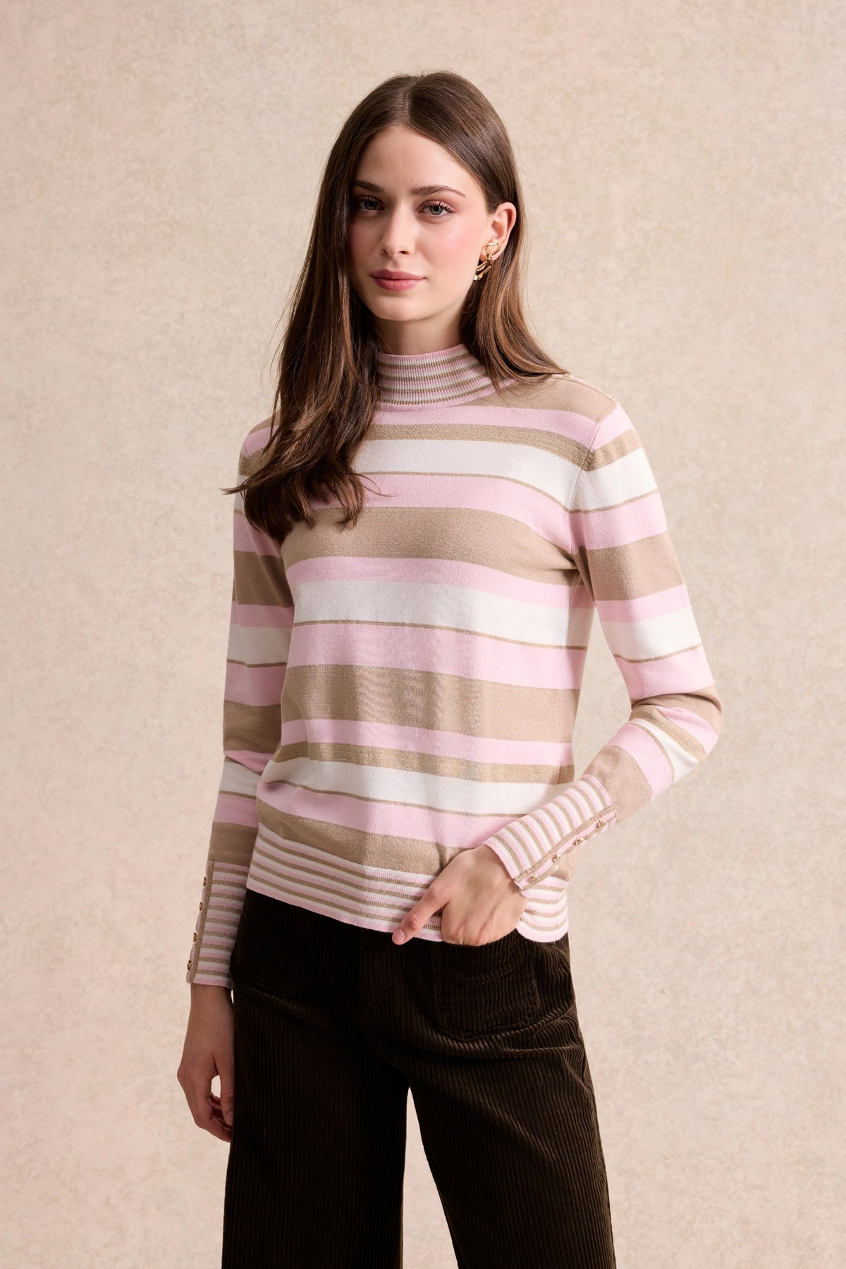 Pull rayé col montant rose