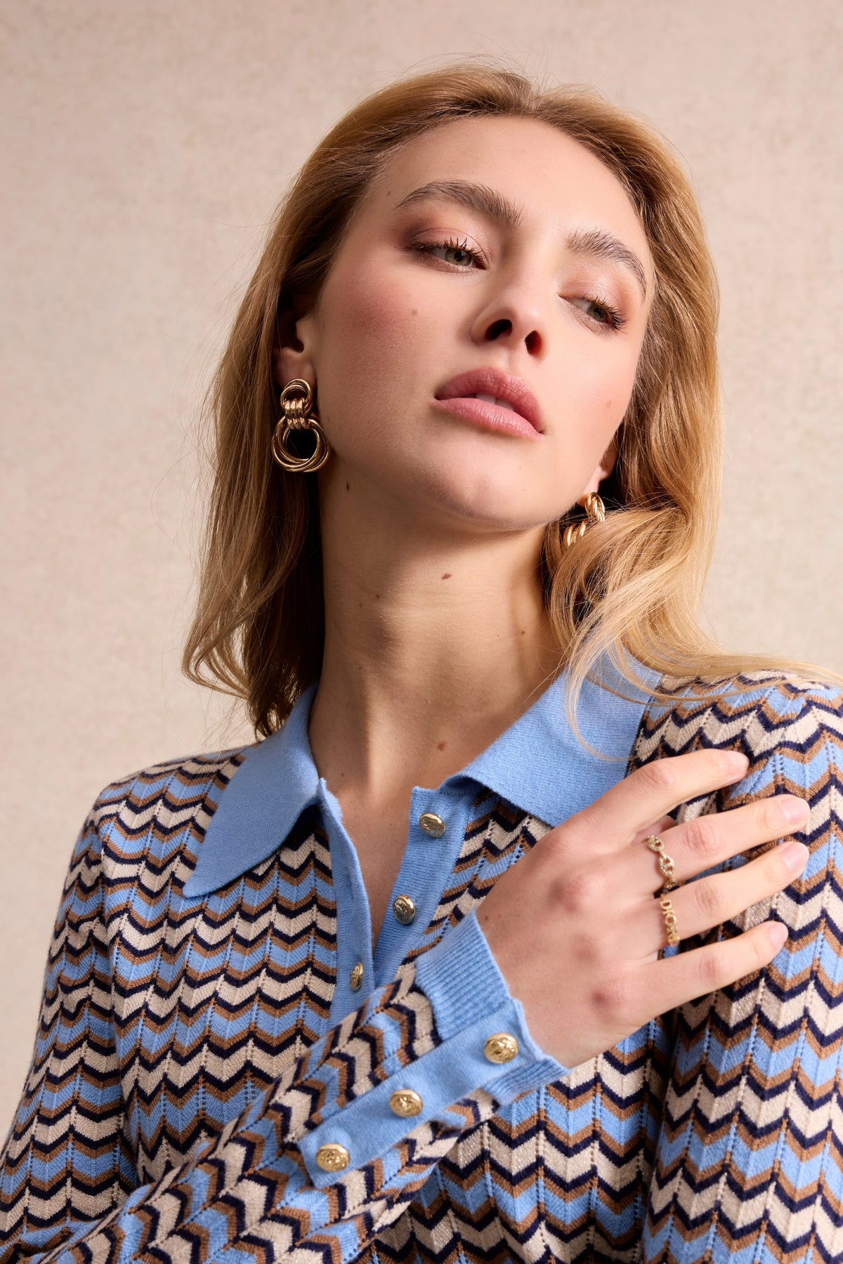 Pull polo zigzag bleu