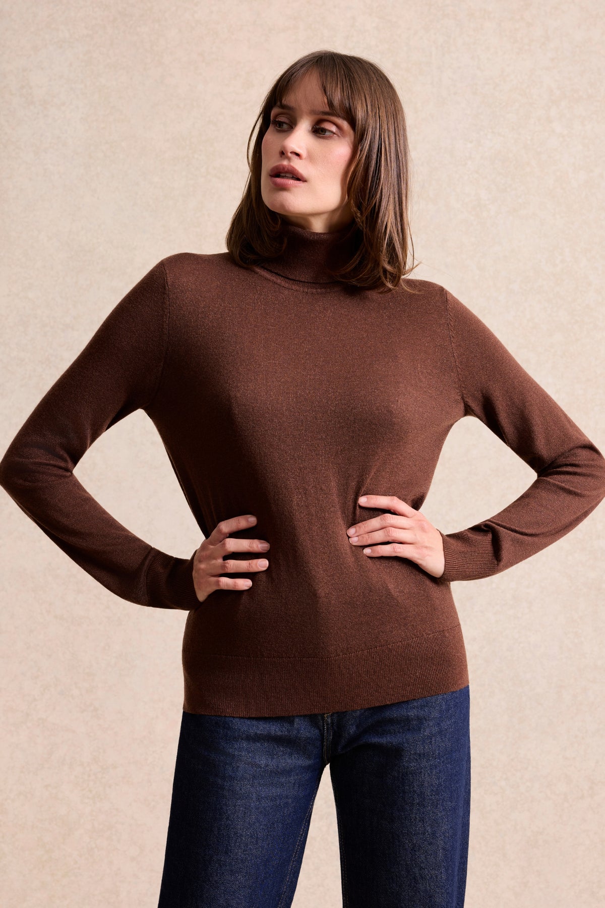 Pull col roulé en maille irisée marron