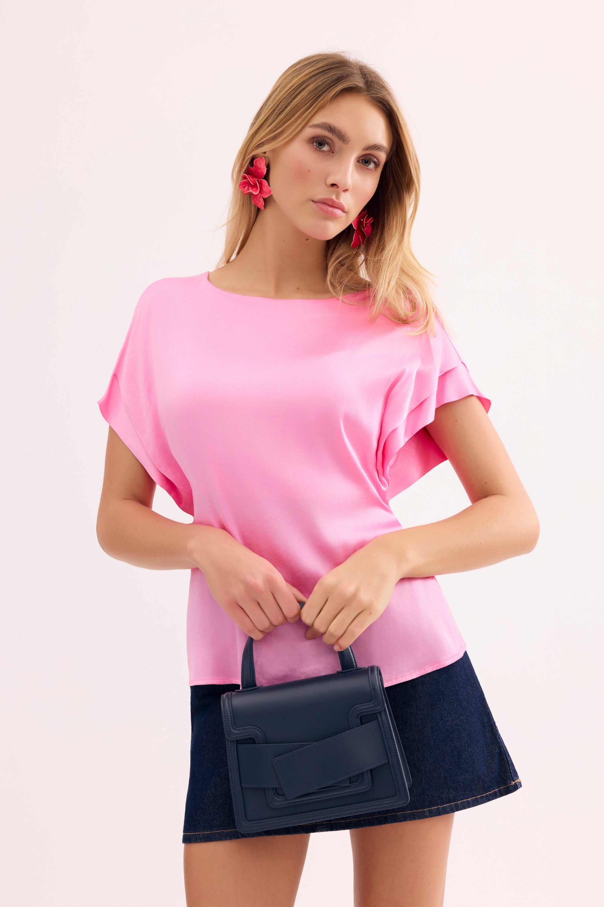 T-shirt fluide à manches courtes rose