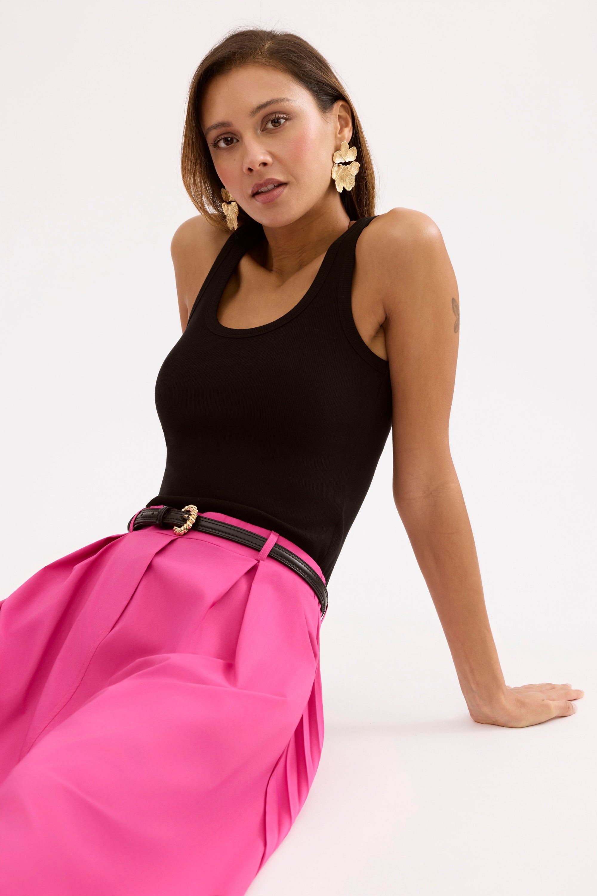 Jupe midi évasée taille haute framboise