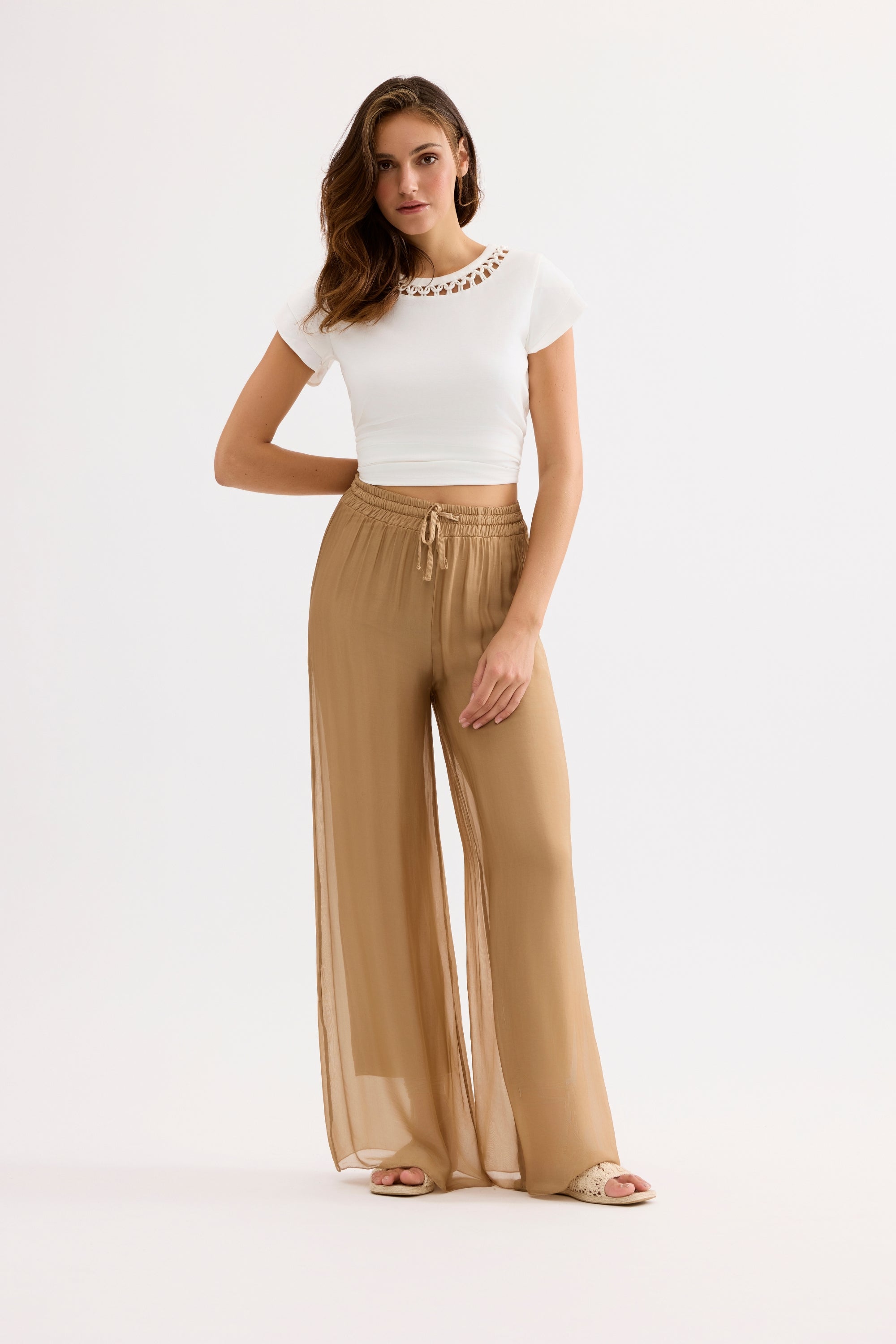 Pantalon fluide transparent camel