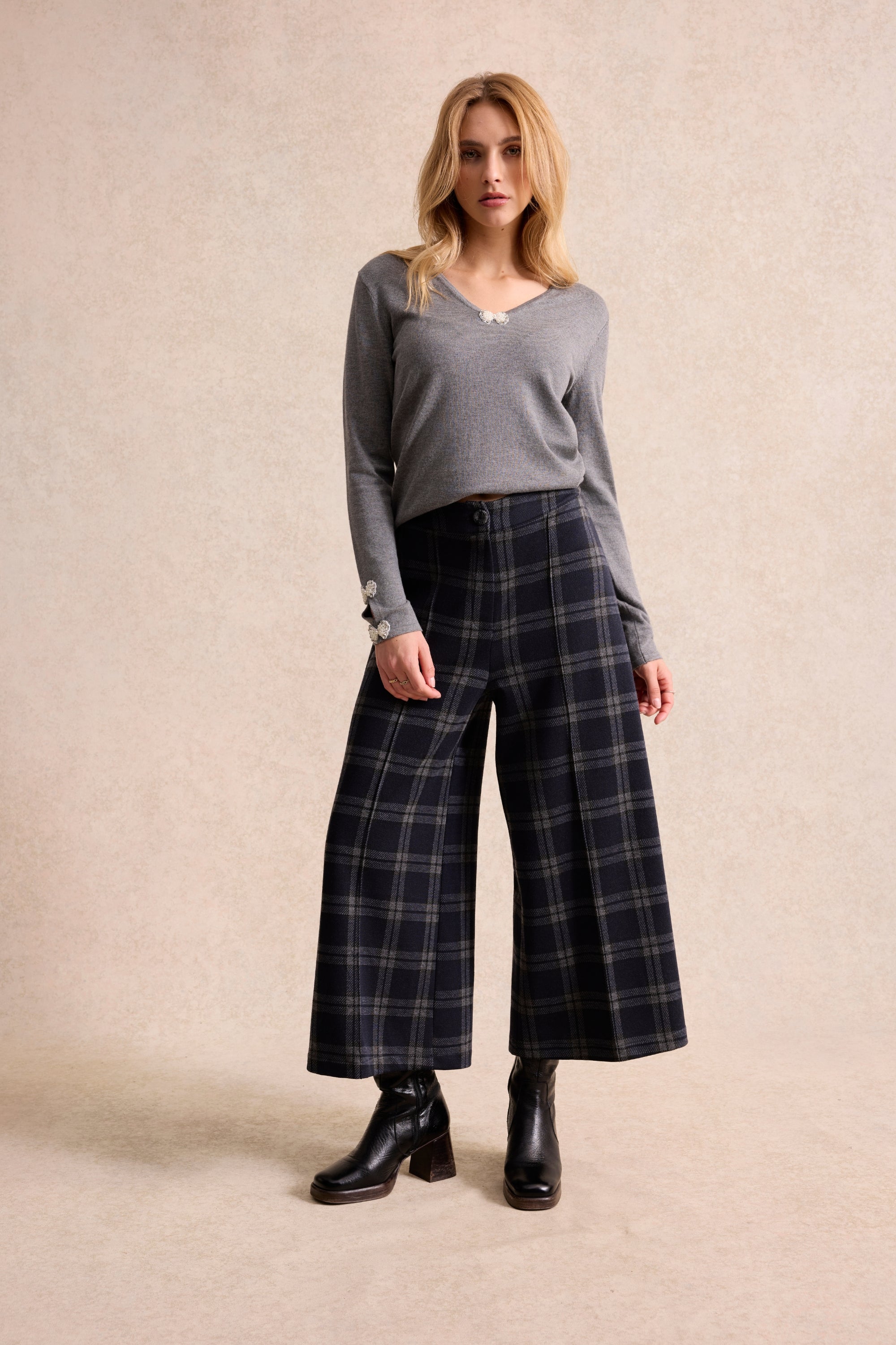 Pantalon large à carreaux gris
