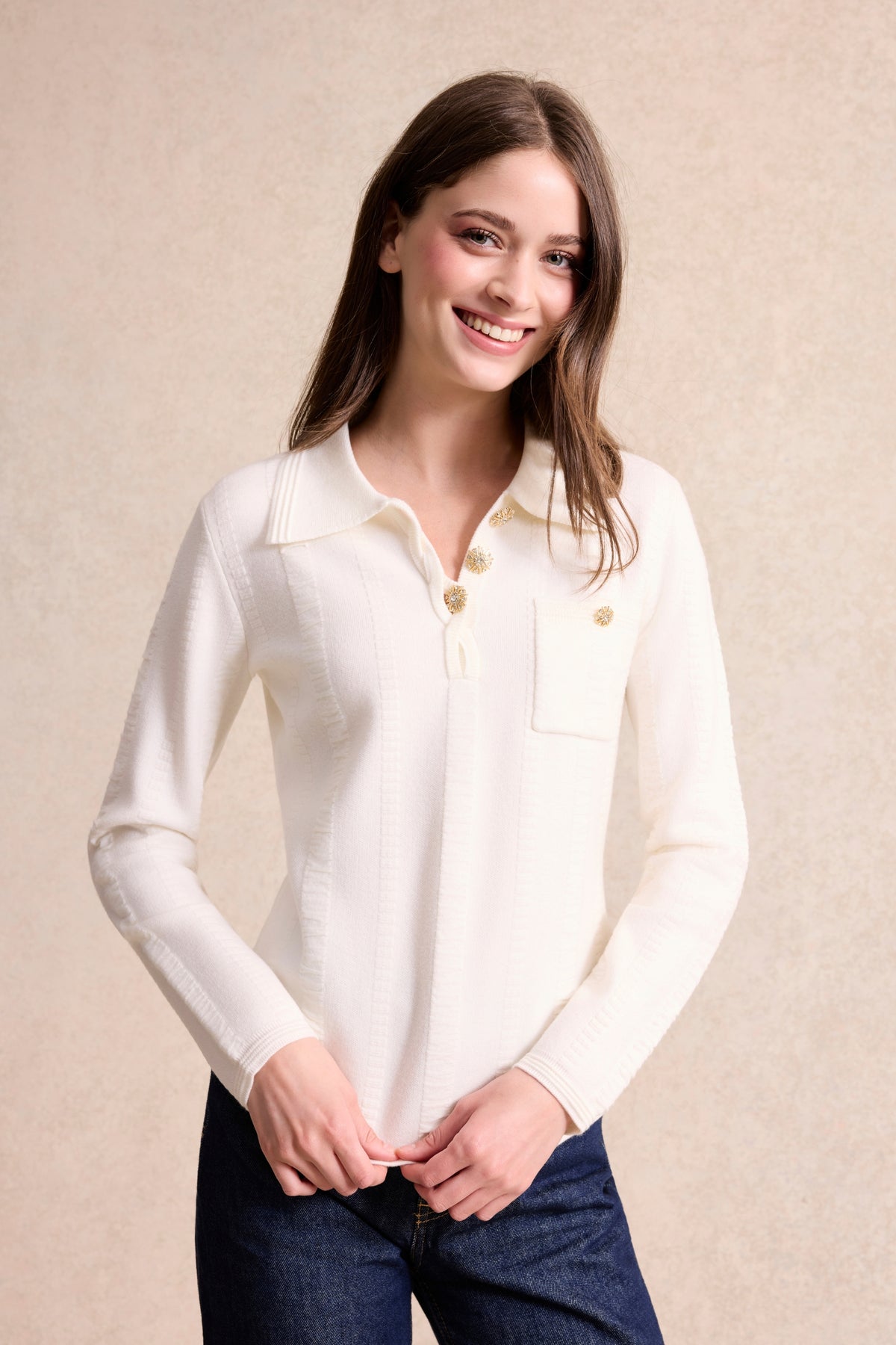 Pull polo coloré écru