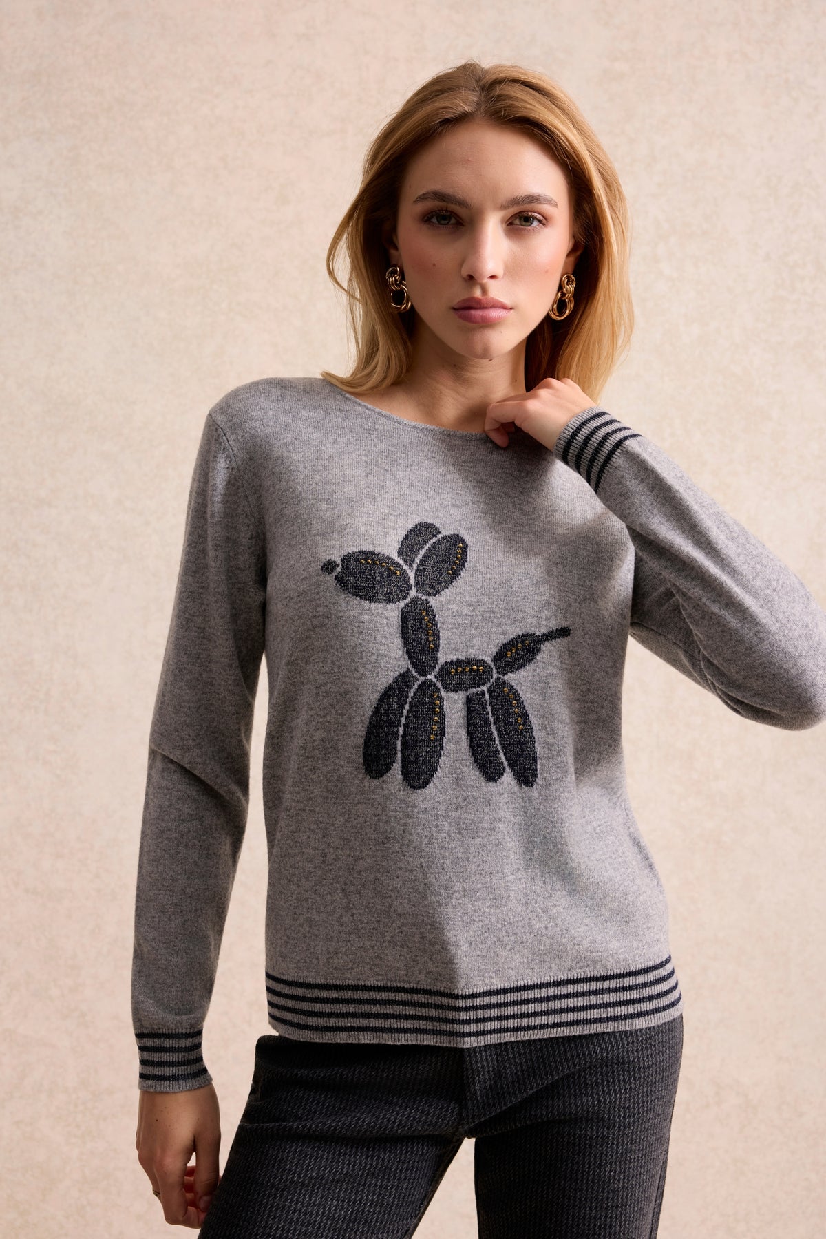 Pull 100% laine à motif chien gris