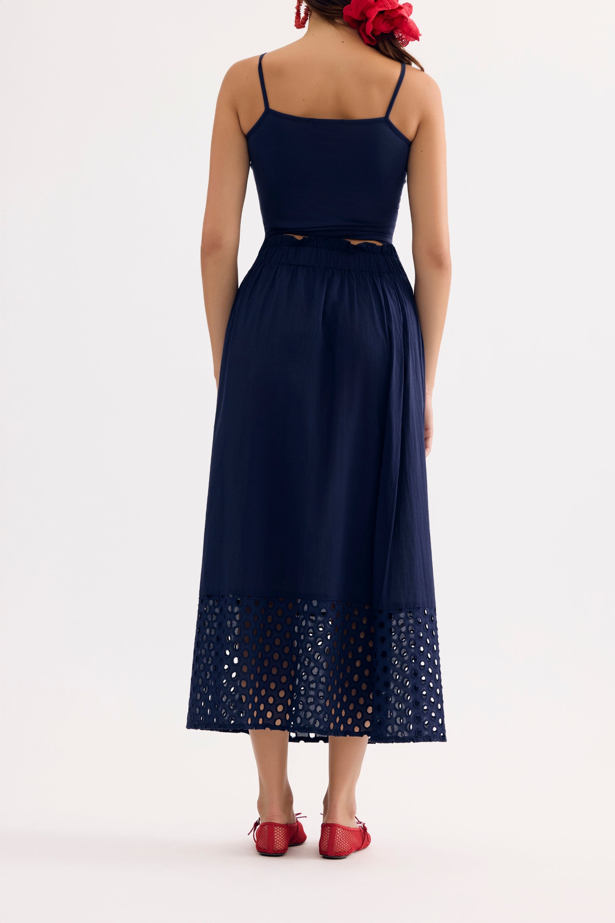 Jupe midi ajourée fluide bleu marine