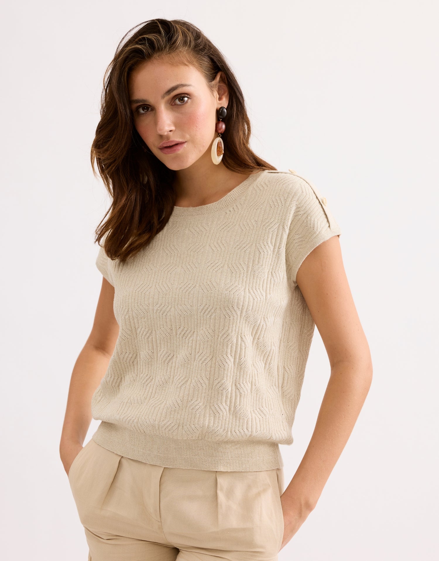 Top maille beige manches courtes