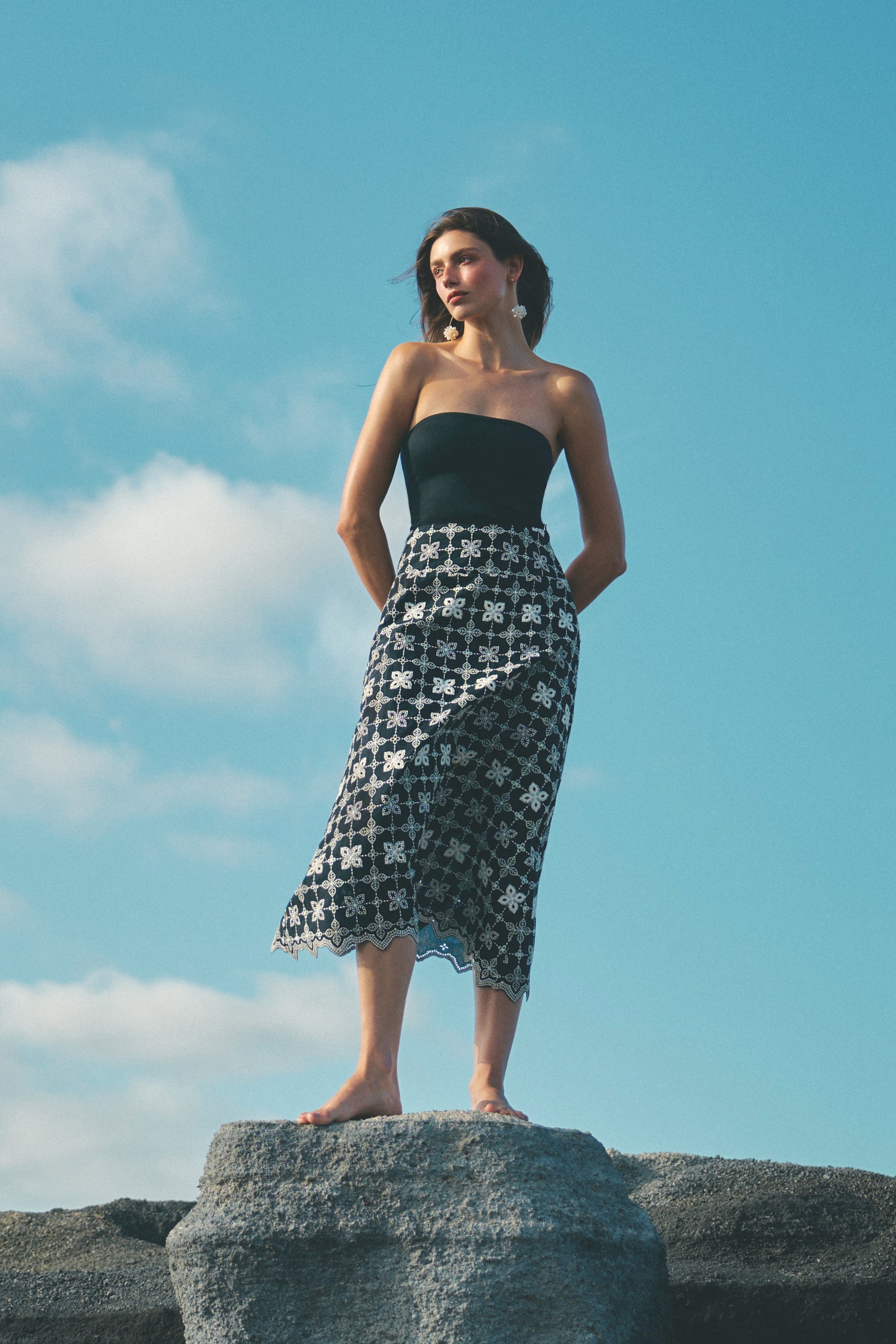 Jupe midi imprimée détail dentelle