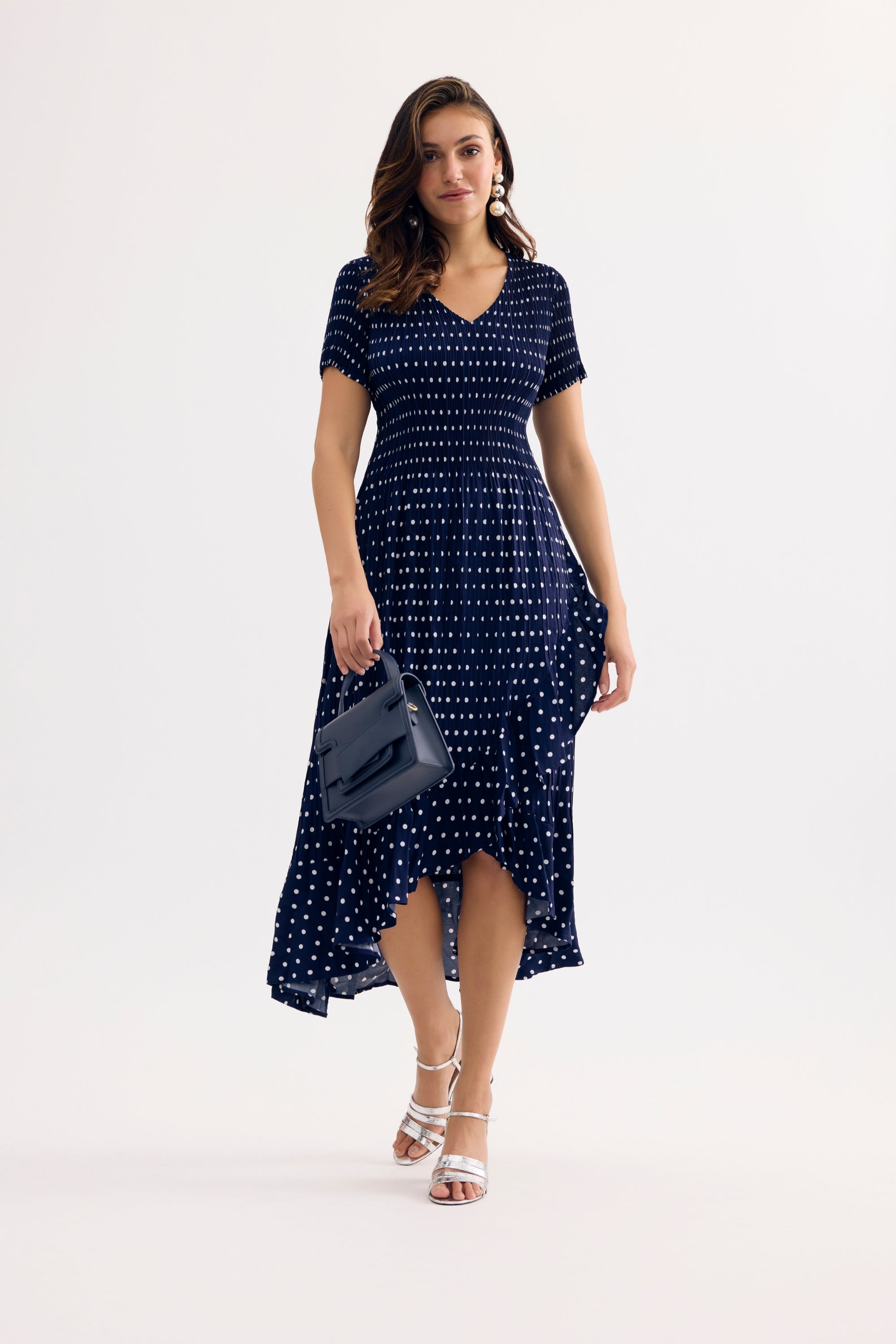 Robe midi fluide imprimé pois bleu