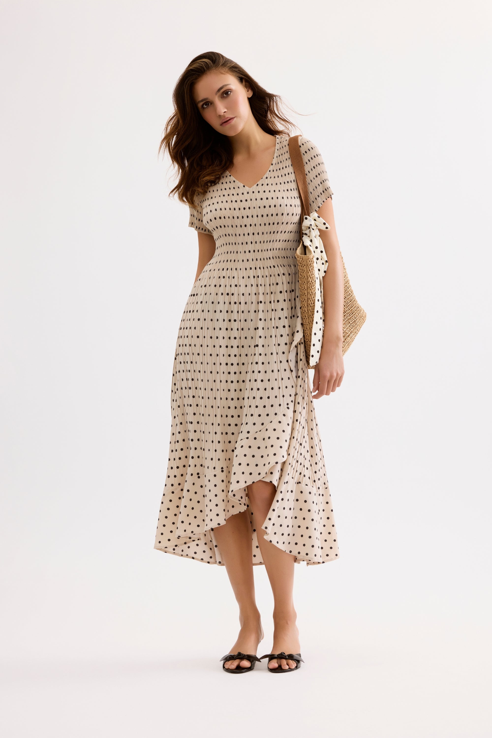 Robe midi fluide imprimé pois beige
