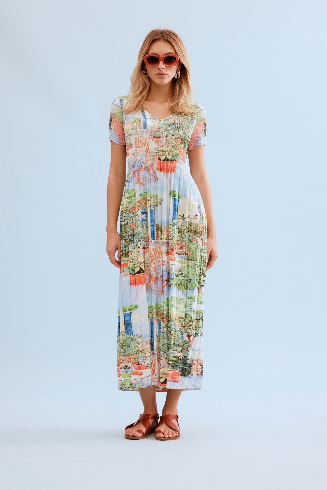 Robe longue plissée imprimé jardin