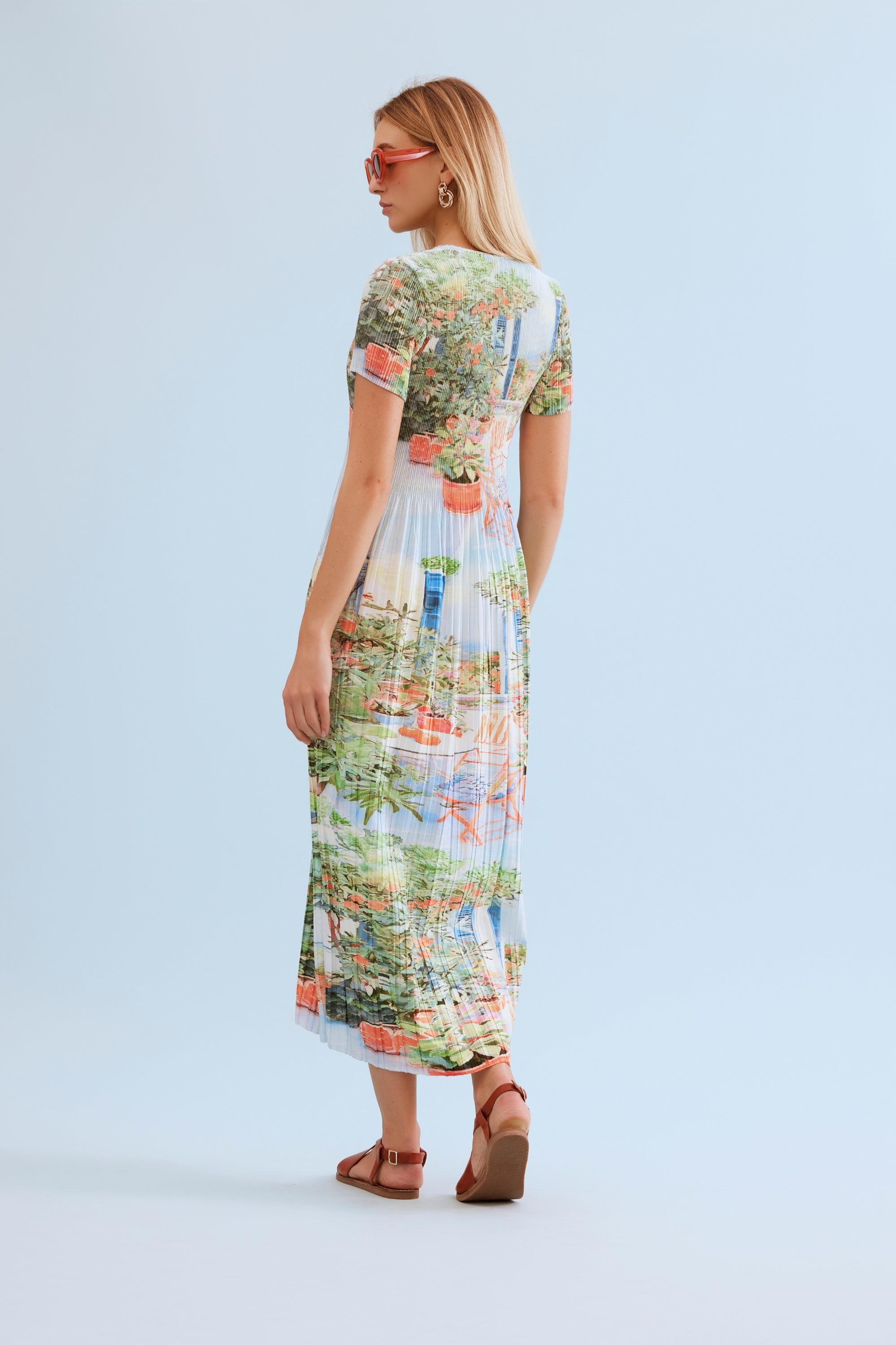 Robe longue plissée imprimé jardin
