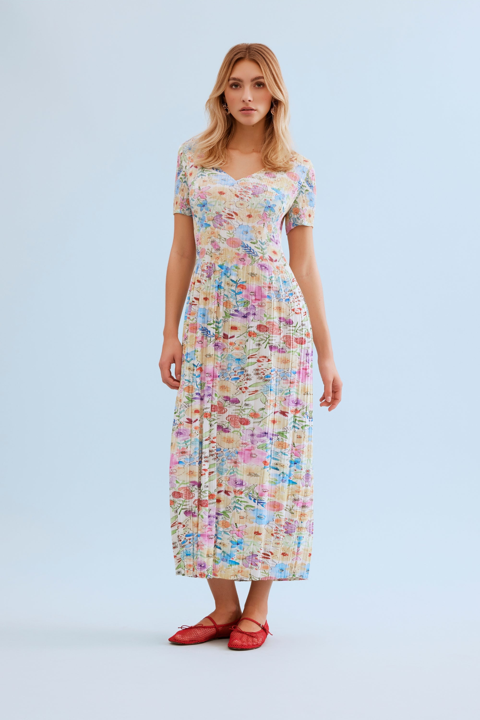 Robe midi plissée imprimée fleurs pastel