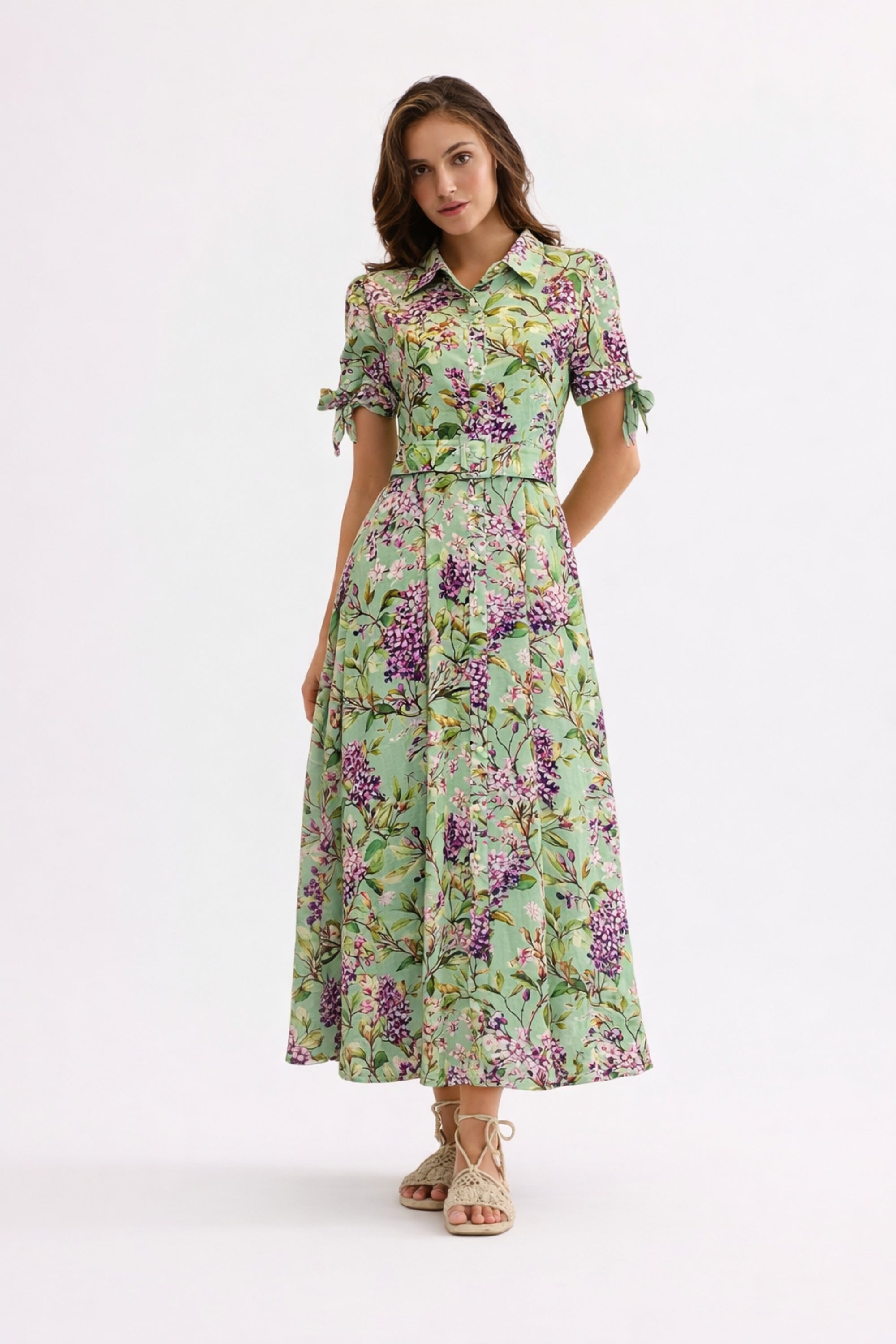 Robe longue imprimée fleurs ceinturée