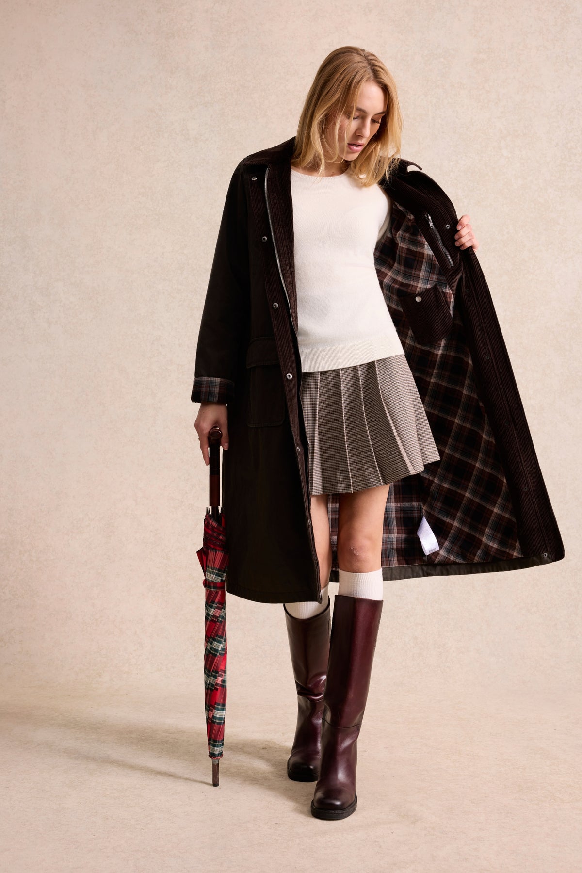 Manteau long col velours kaki