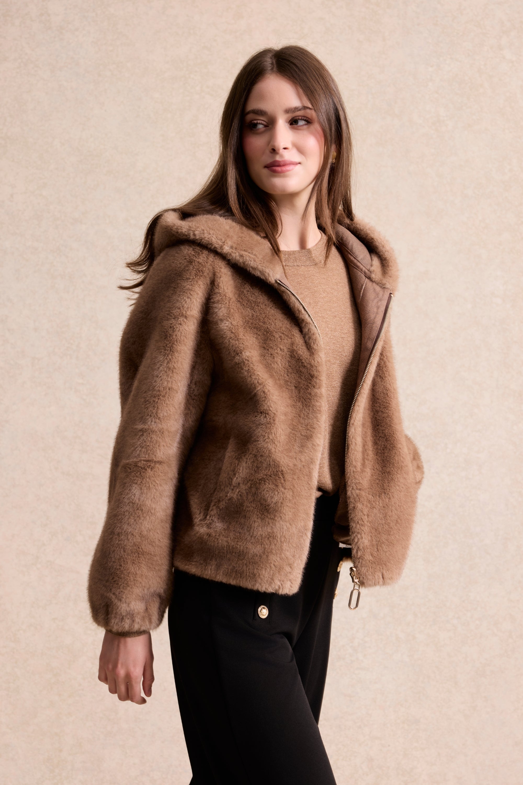 Veste fausse fourrure réversible camel
