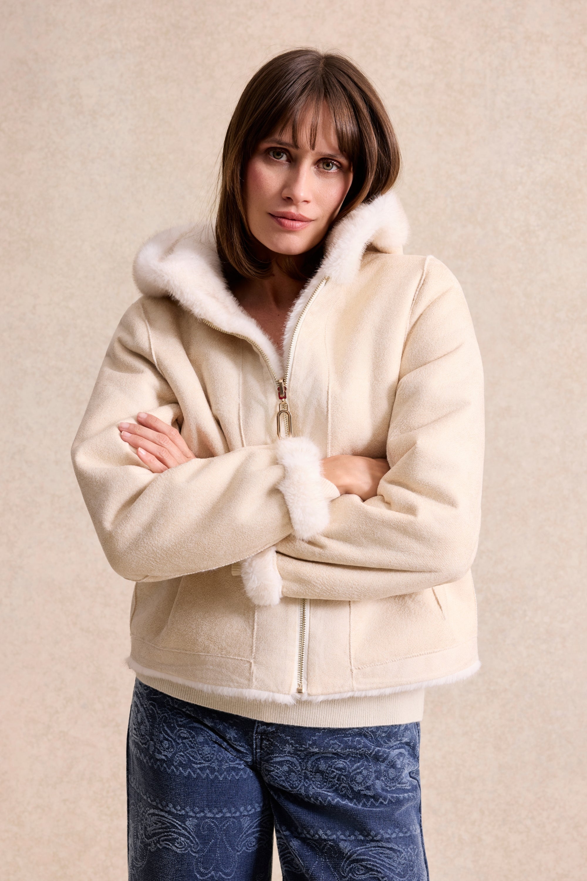 Veste fausse fourrure réversible écru