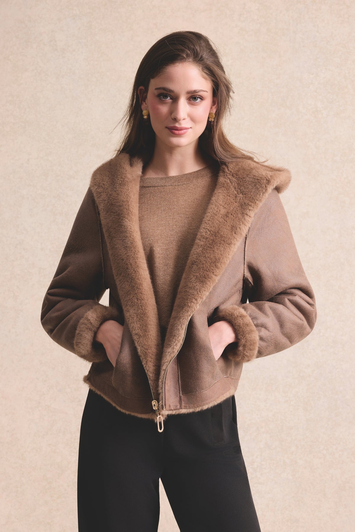 Veste fausse fourrure réversible camel