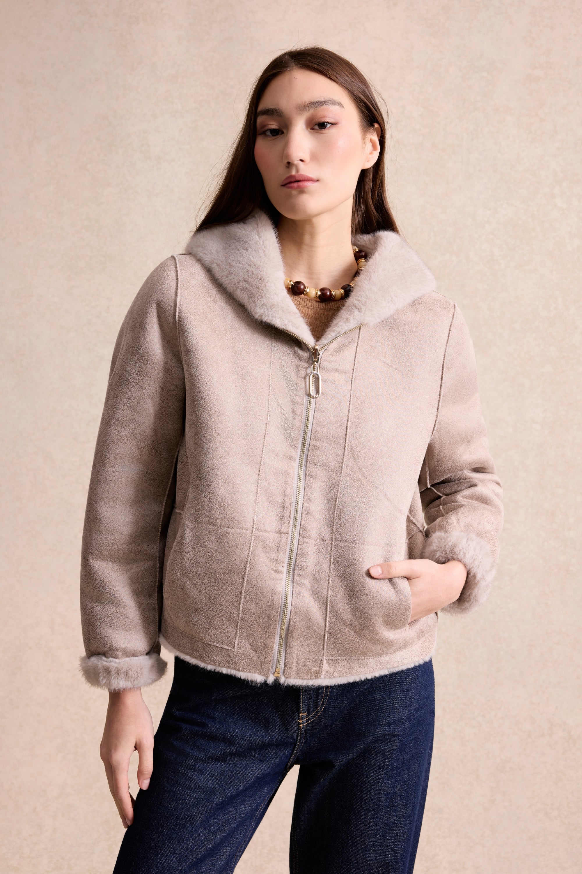 Veste fausse fourrure réversible gris
