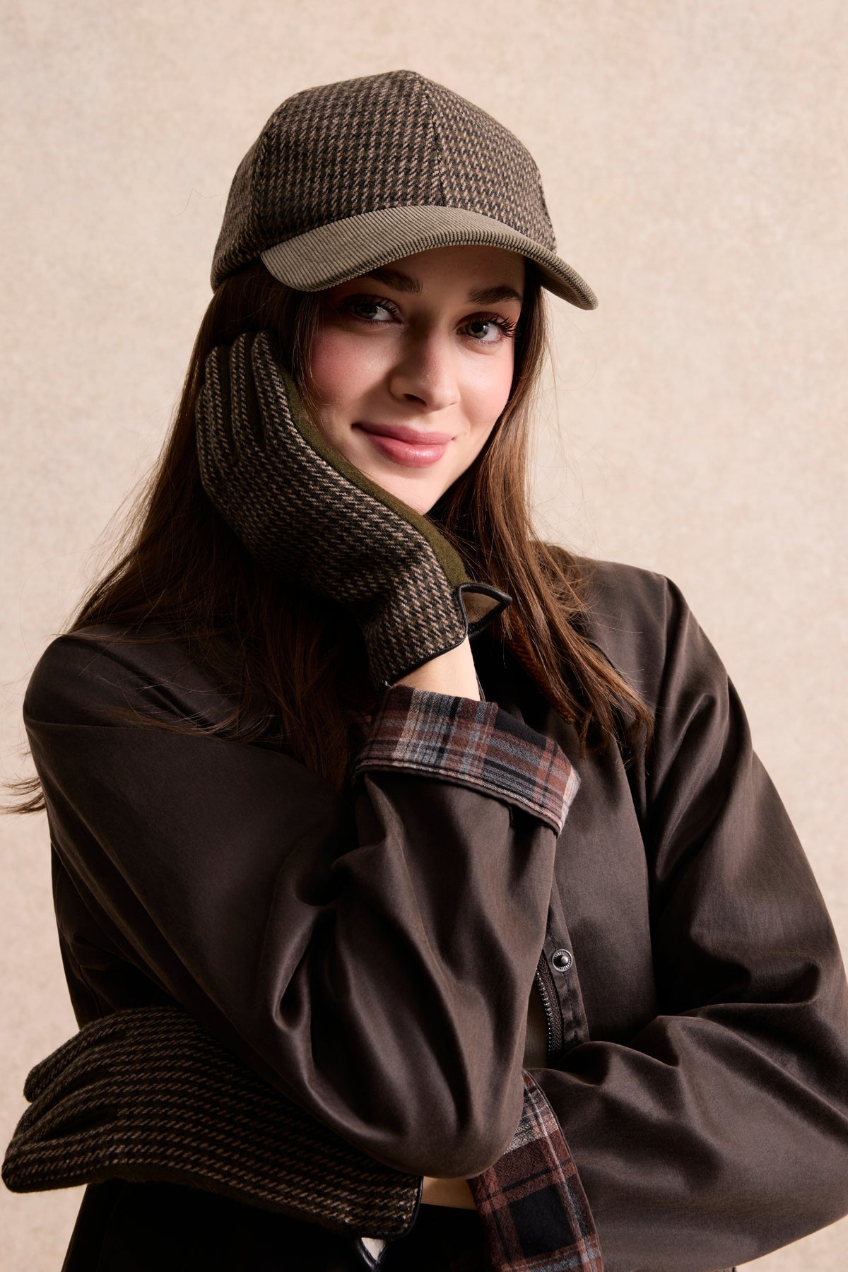 Casquette et gants pied-de-poule Mahaut kaki