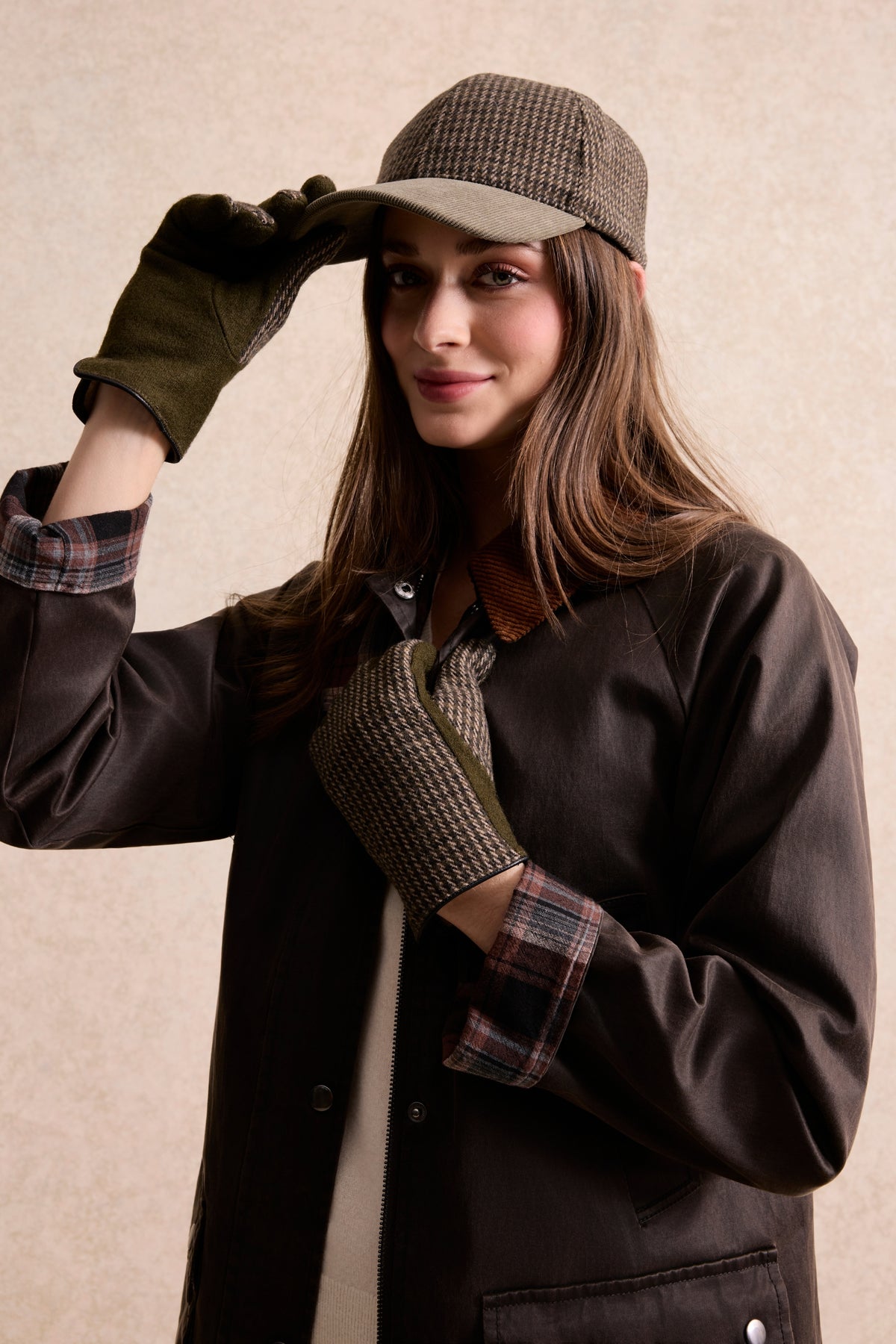 Casquette et gants pied-de-poule Mahaut kaki