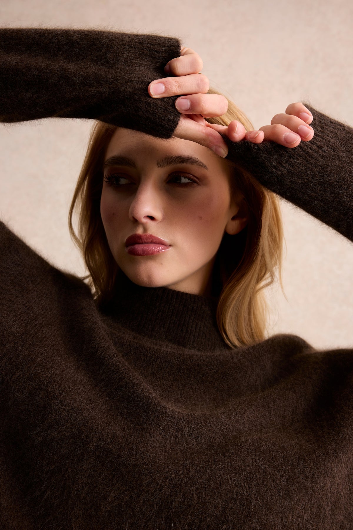 Pull col roulé en laine et raton laveur marron